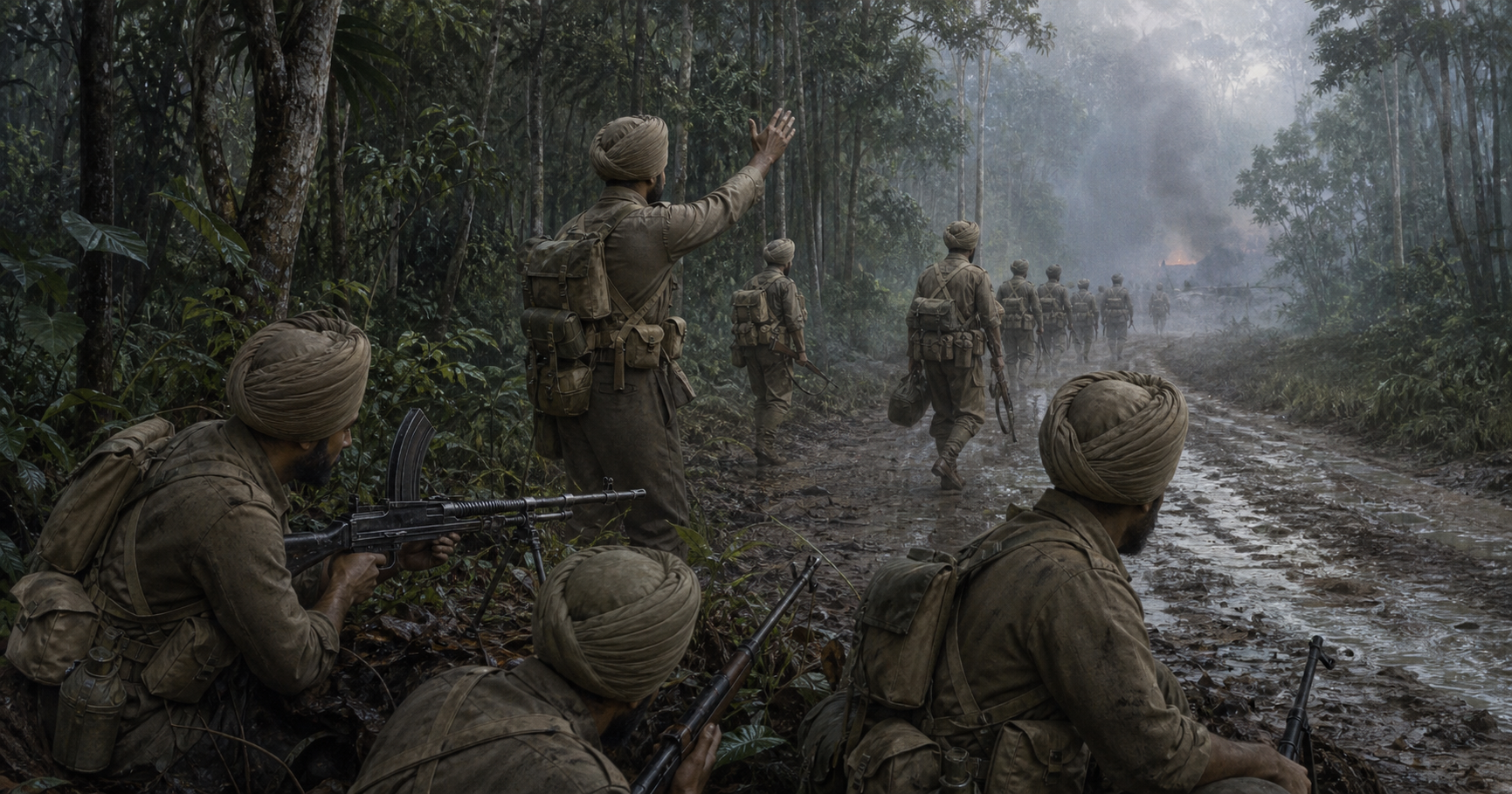 Sikh soldiers in khaki uniforms conduct a staged withdrawal along a wet road through a Malayan rubber plantation while a rear-guard party watches the route behind them.