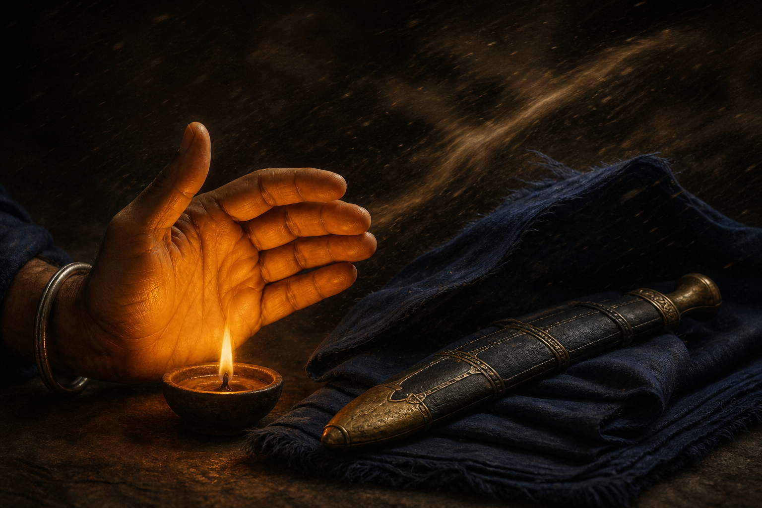An open hand shields a burning oil lamp from the wind beside a fully sheathed sword on indigo cloth.