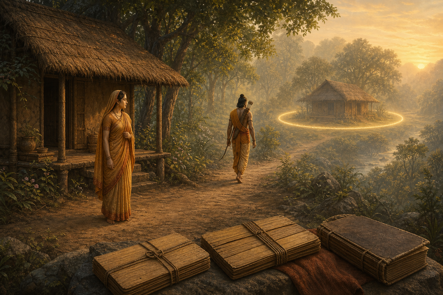 Layered illustration of Sita at a forest hermitage, with unmarked ground in the foreground and a luminous boundary appearing only in a later retelling behind her.