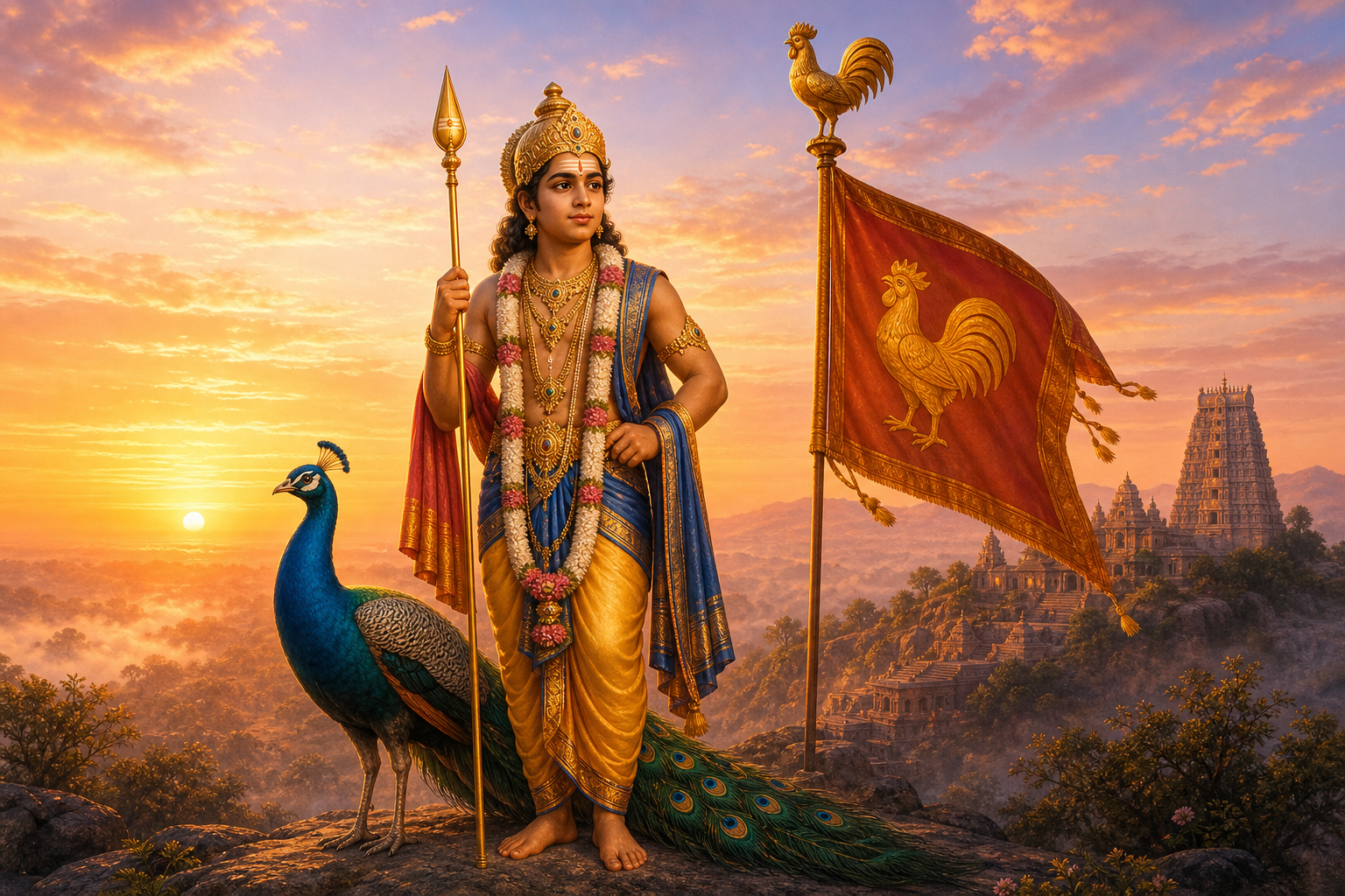 Murugan stands at dawn holding a vel beside a peacock, with a rooster-emblem banner rising behind him near a hill temple.