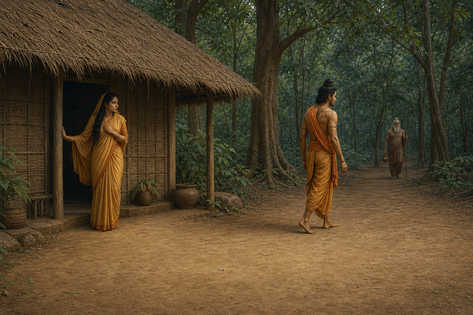 Sita watches Lakshmana leave a forest hermitage as an ascetic figure approaches in the distance; the earth around the hut has no drawn boundary.