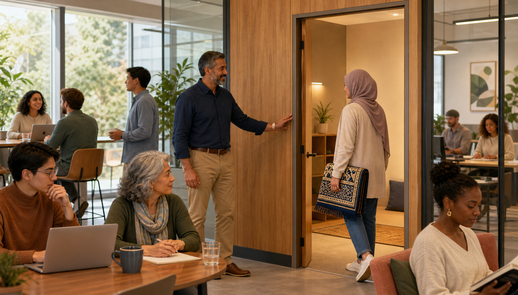 A workplace leader holds open a quiet room for a colleague carrying a folded prayer mat as other coworkers continue nearby.