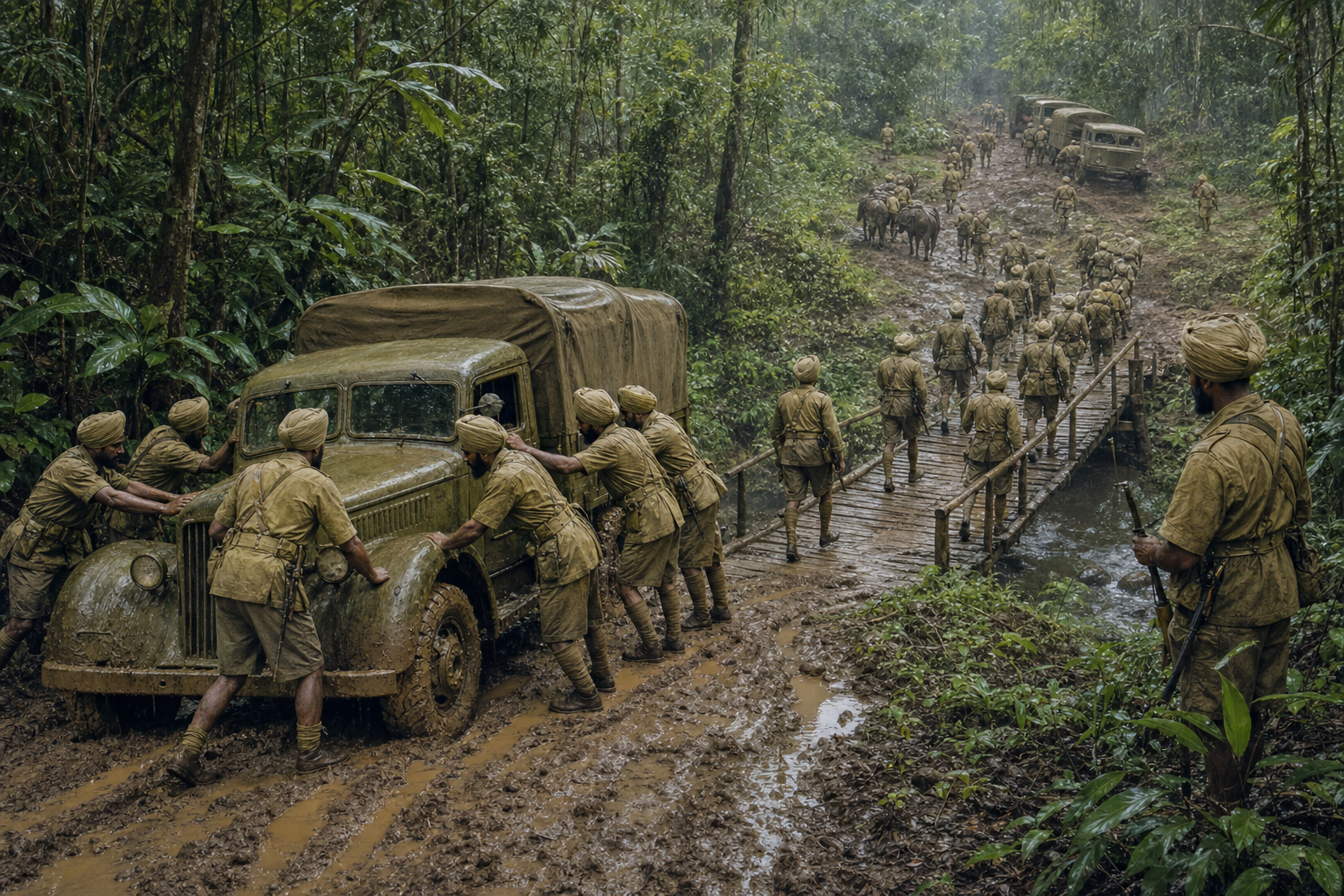 An organized column of Sikh infantry, vehicles and field equipment moves along a rain-soaked jungle track and across a narrow bridge in Malaya.