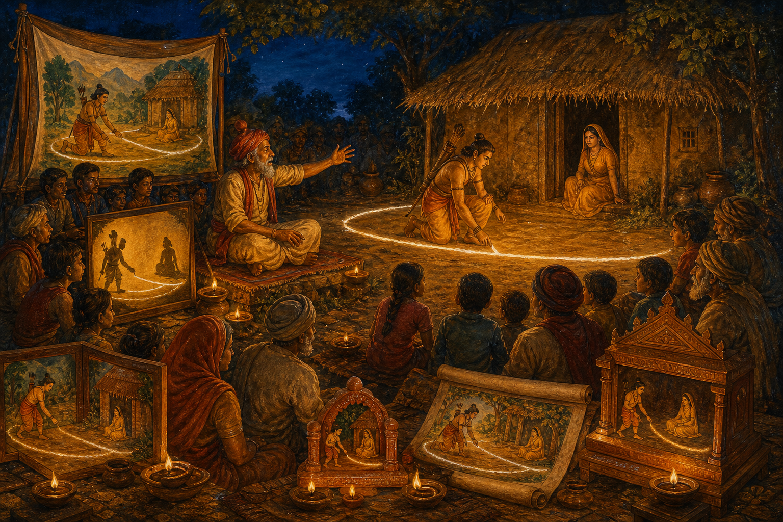 A village audience watches a lamplit performance in which Lakshmana draws a protective line beside Sita's forest hut, with the motif echoed in other storytelling forms.