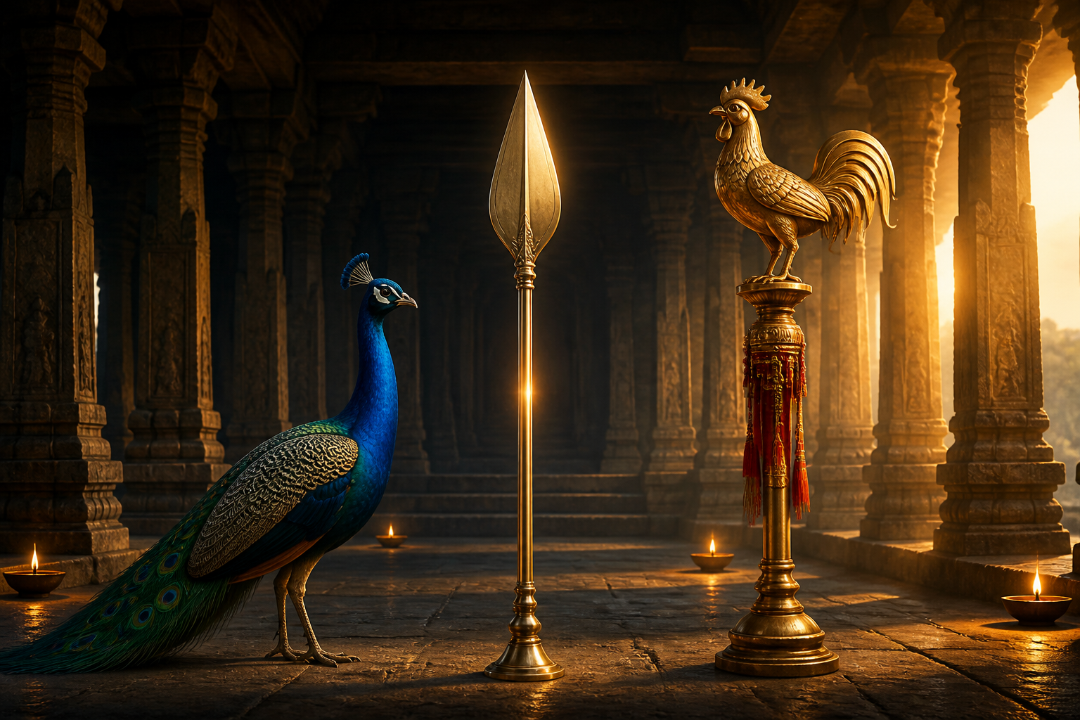 A vel, a peacock with folded feathers, and a rooster-topped ceremonial standard are arranged together in a stone temple hall.
