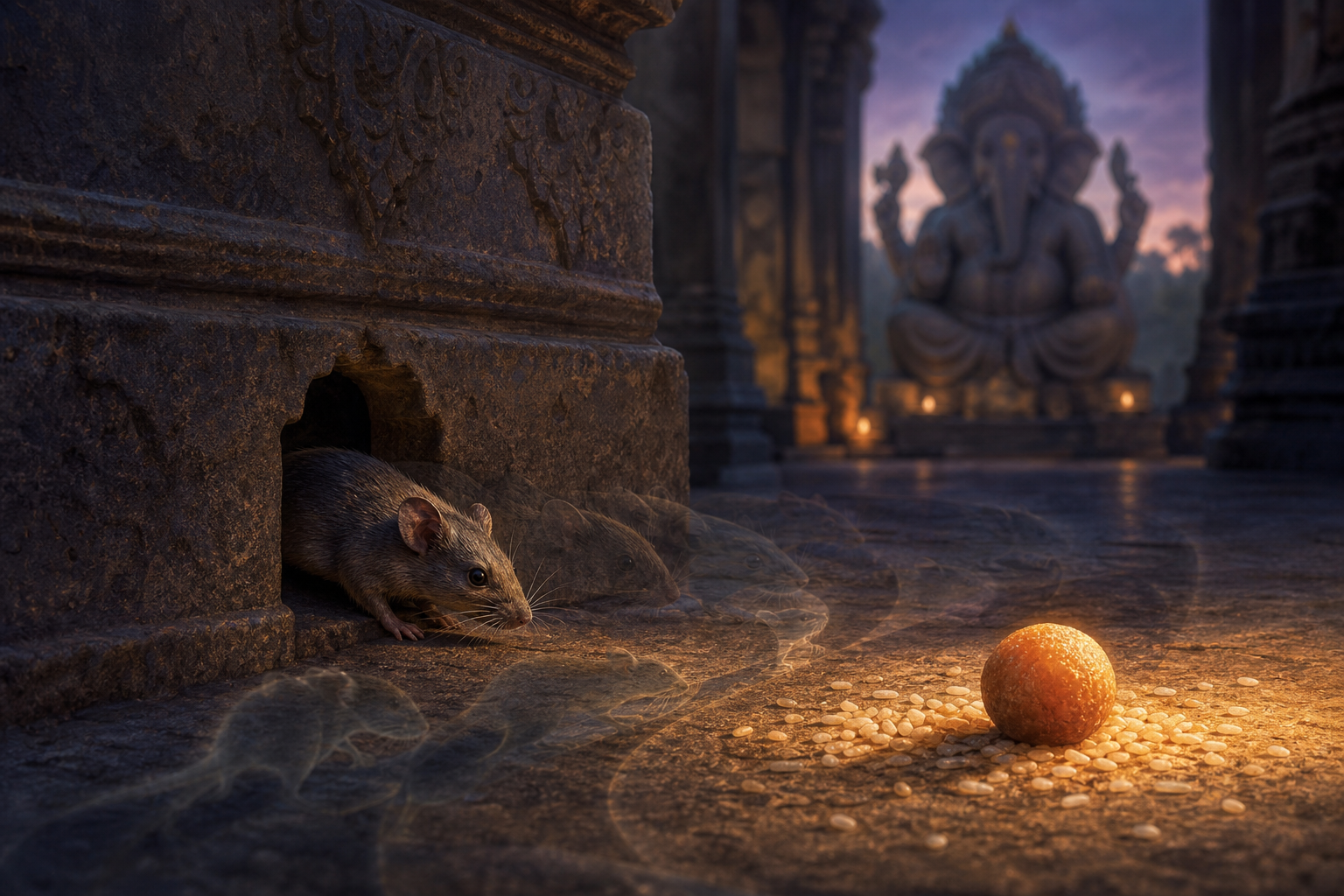 A mouse slips through a narrow opening toward scattered grains while the seated form of Ganesha remains still in the background.