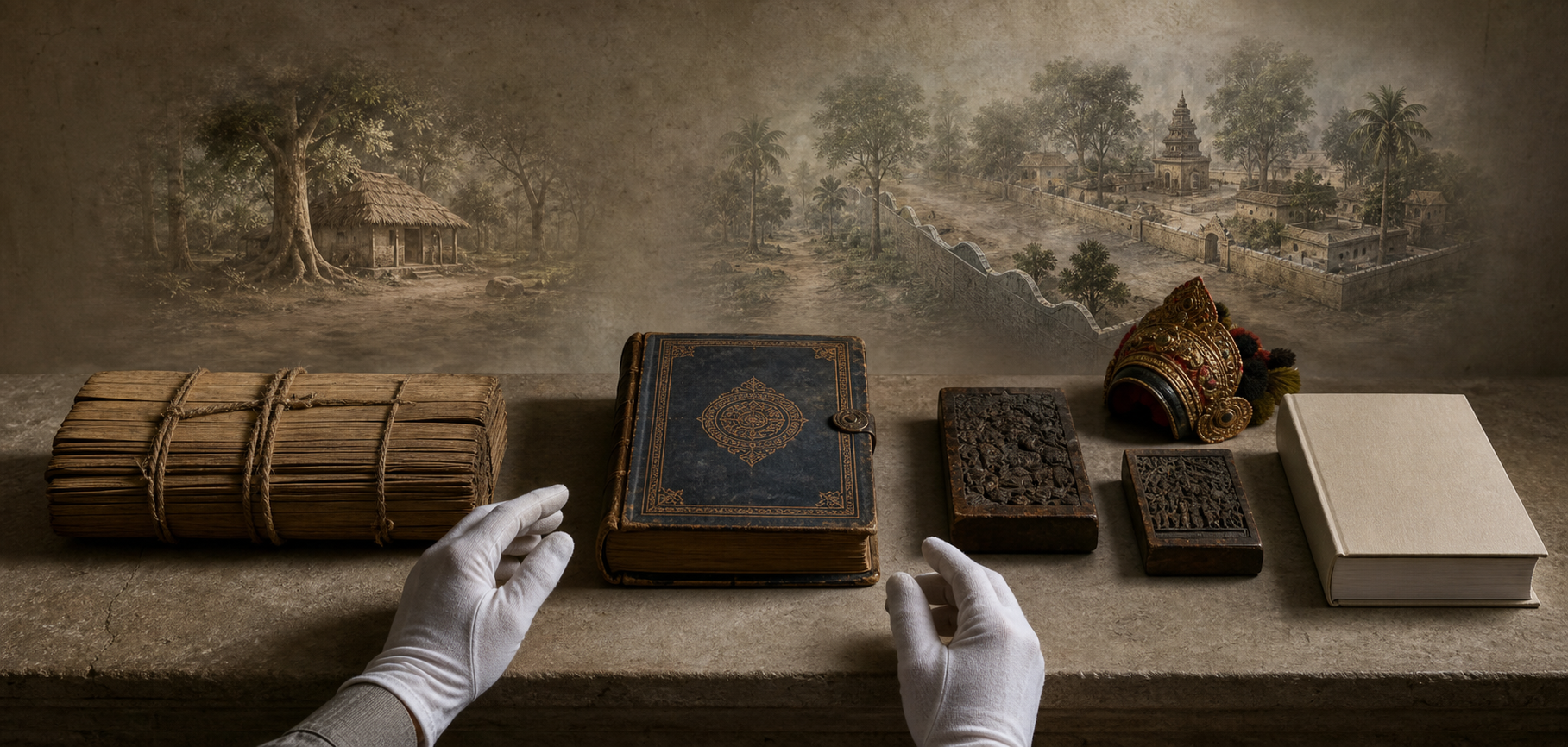 Palm-leaf folios, a later codex, printing blocks, and performance objects are arranged chronologically, with a boundary motif appearing only among the later materials.