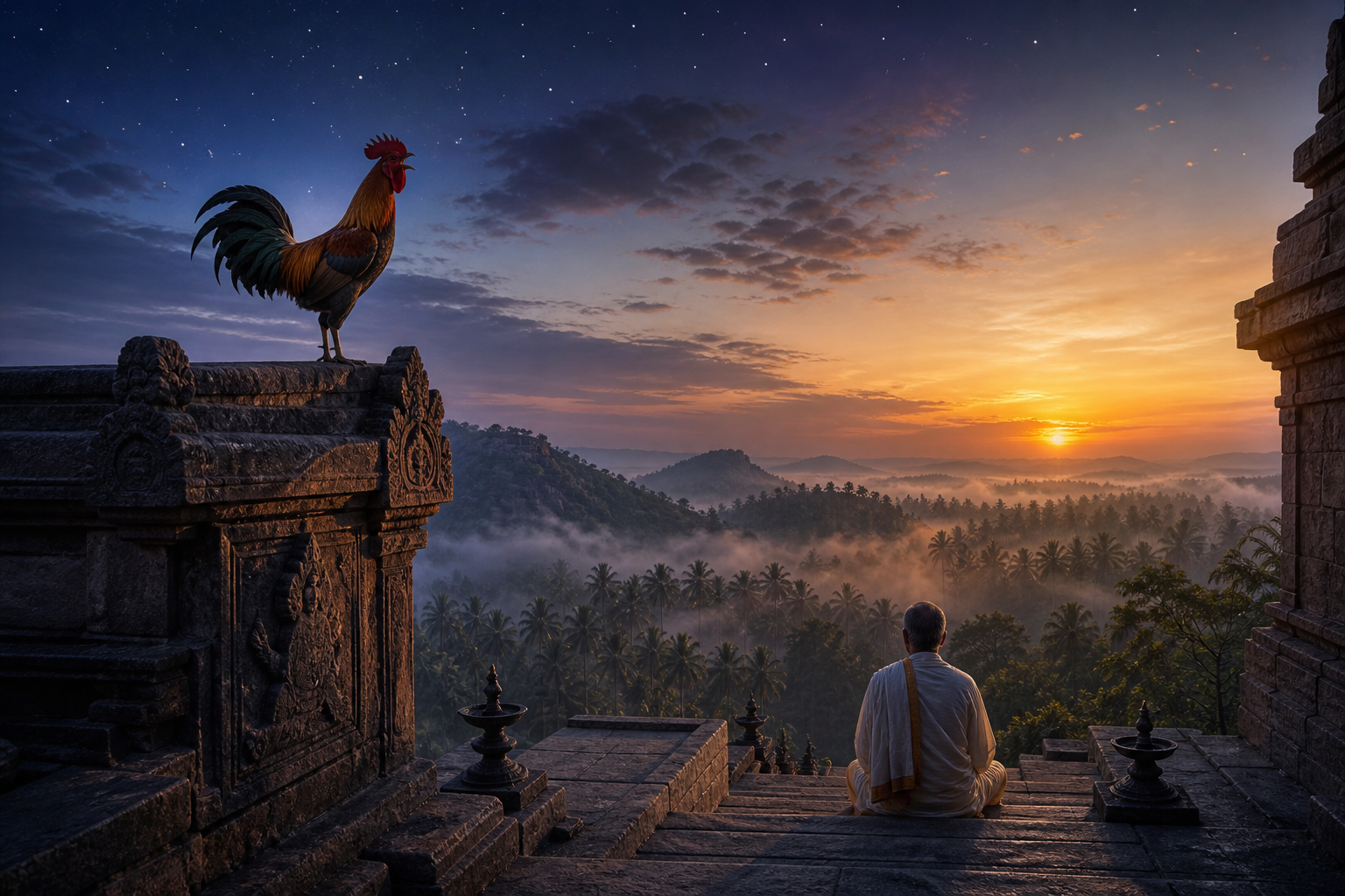 A rooster calls from a hill-temple parapet at sunrise while a devotee meditates on the stone steps below.