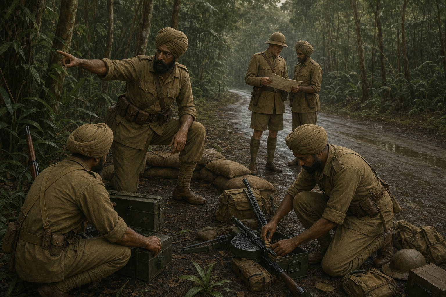 Sikh soldiers prepare a roadside defensive position in Malaya while Indian and British officers confer nearby over an unmarked map.
