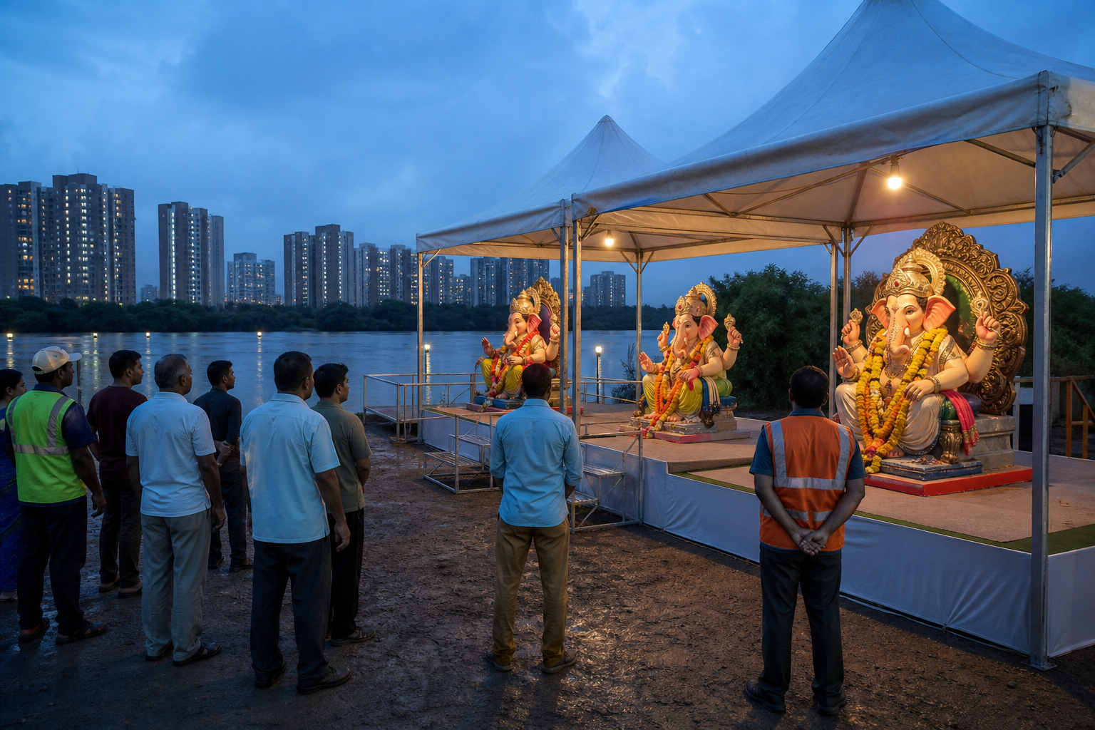 Ganesh murtis rest on raised platforms under protective canopies near an artificial immersion pond as devotees and municipal workers gather in Navi Mumbai.