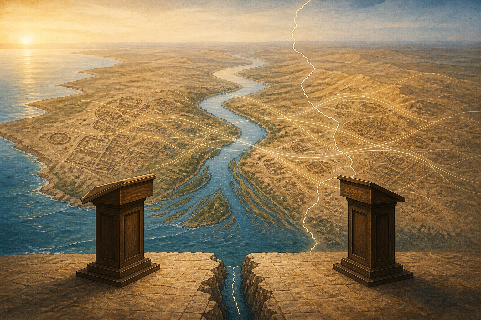 Editorial illustration of the Indus River landscape with archaeological patterns, a modern border line, cultural threads, and two opposing unmarked lecterns.