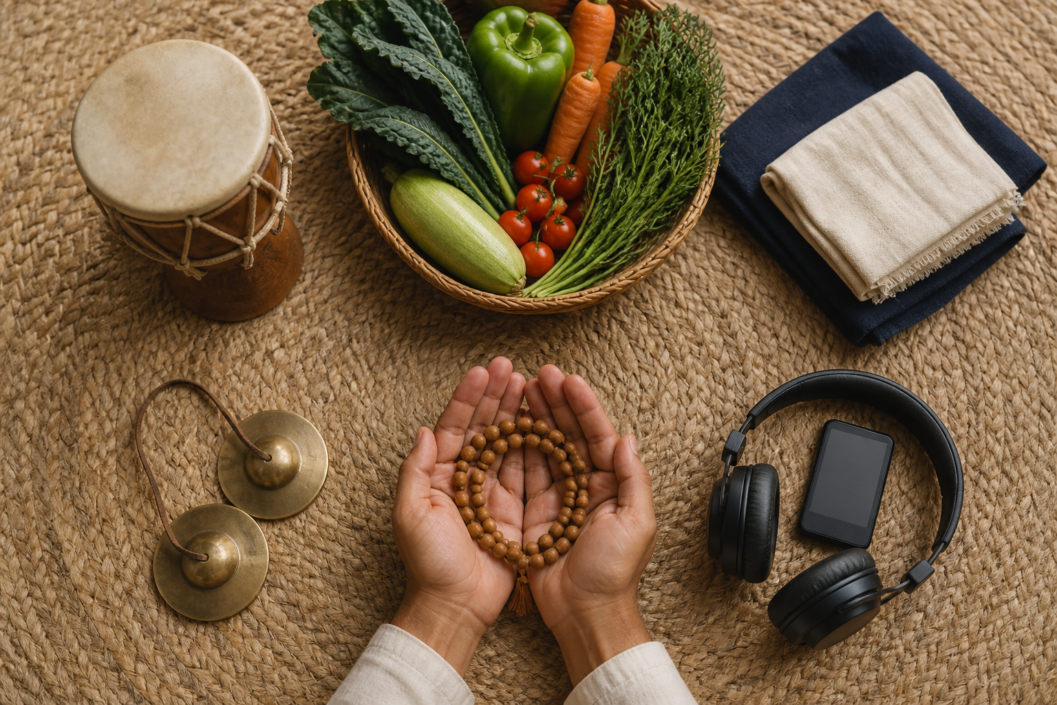 Prayer beads, headphones, hand cymbals, a drum, vegetables, and folded cloth arranged on a woven mat for hearing, chanting, and service.
