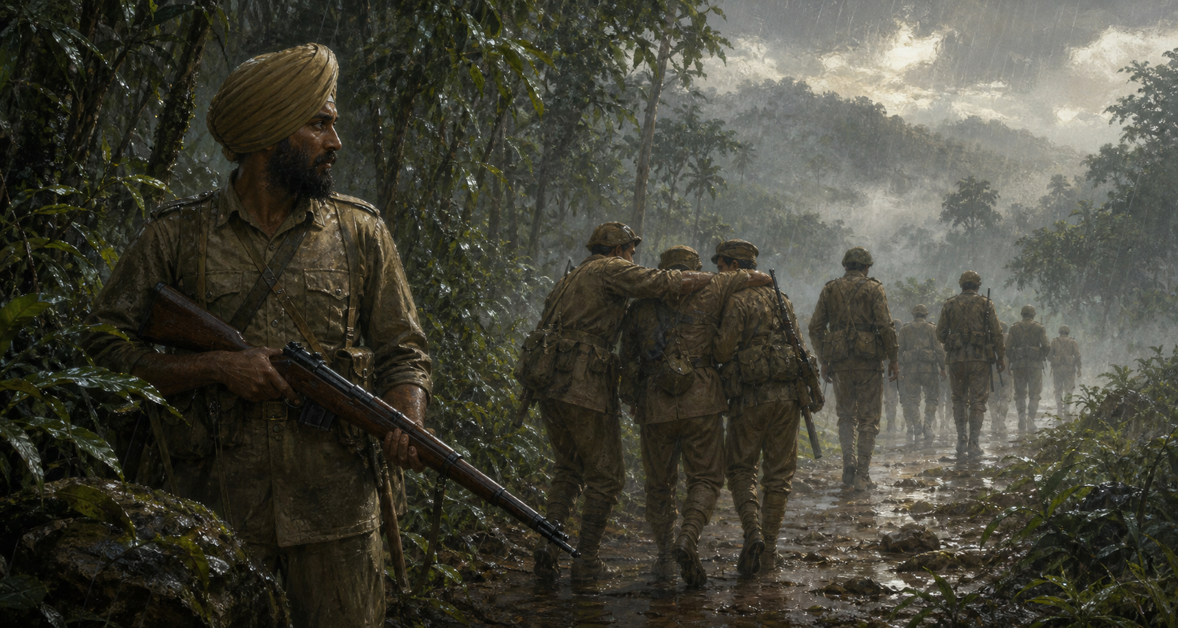 A Sikh rear-guard soldier watches a misty jungle road as other soldiers assist a tired comrade and withdraw behind him.