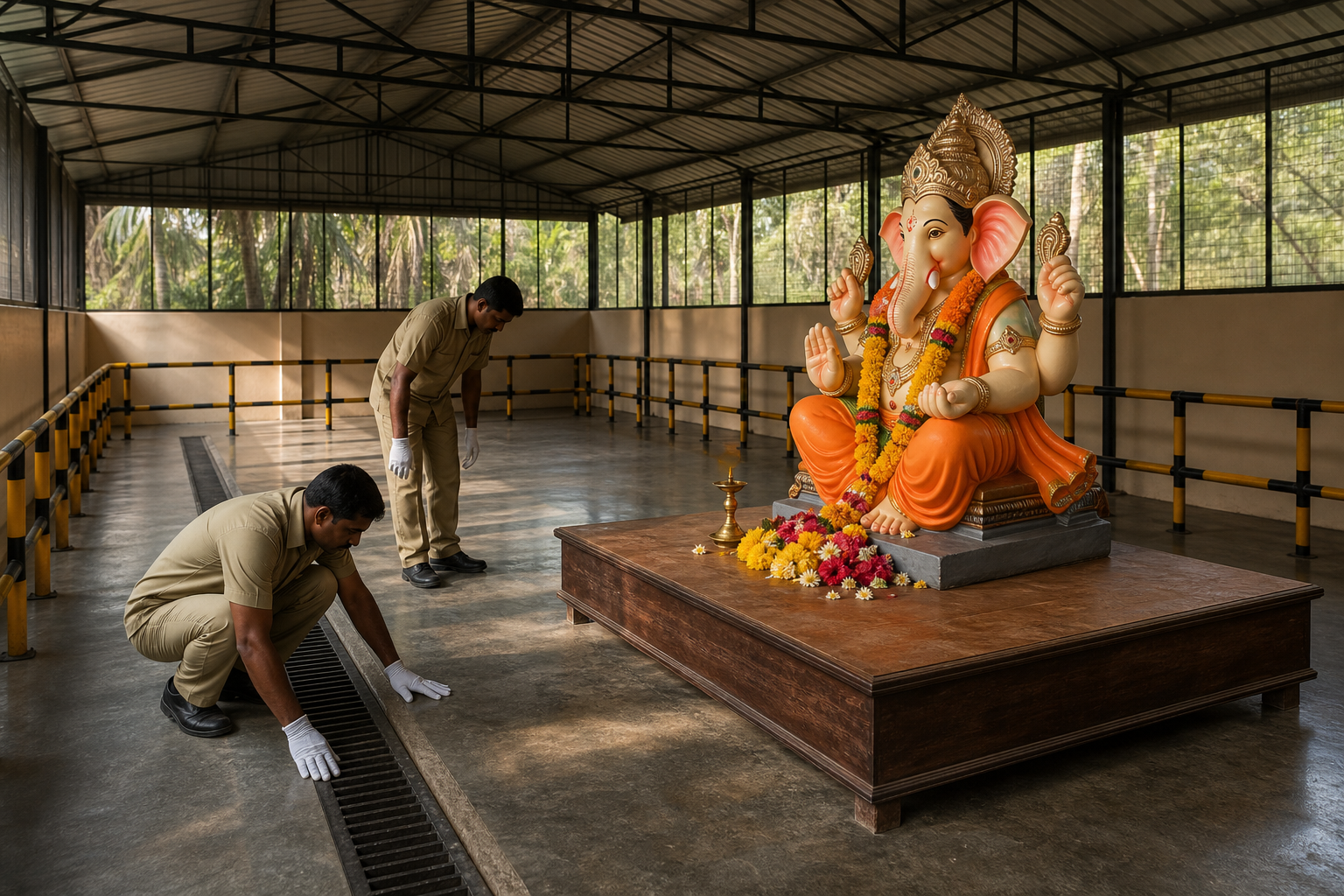 A Ganesh murti stands on a clean raised platform inside a protected shelter while two caretakers inspect the surrounding storage area.