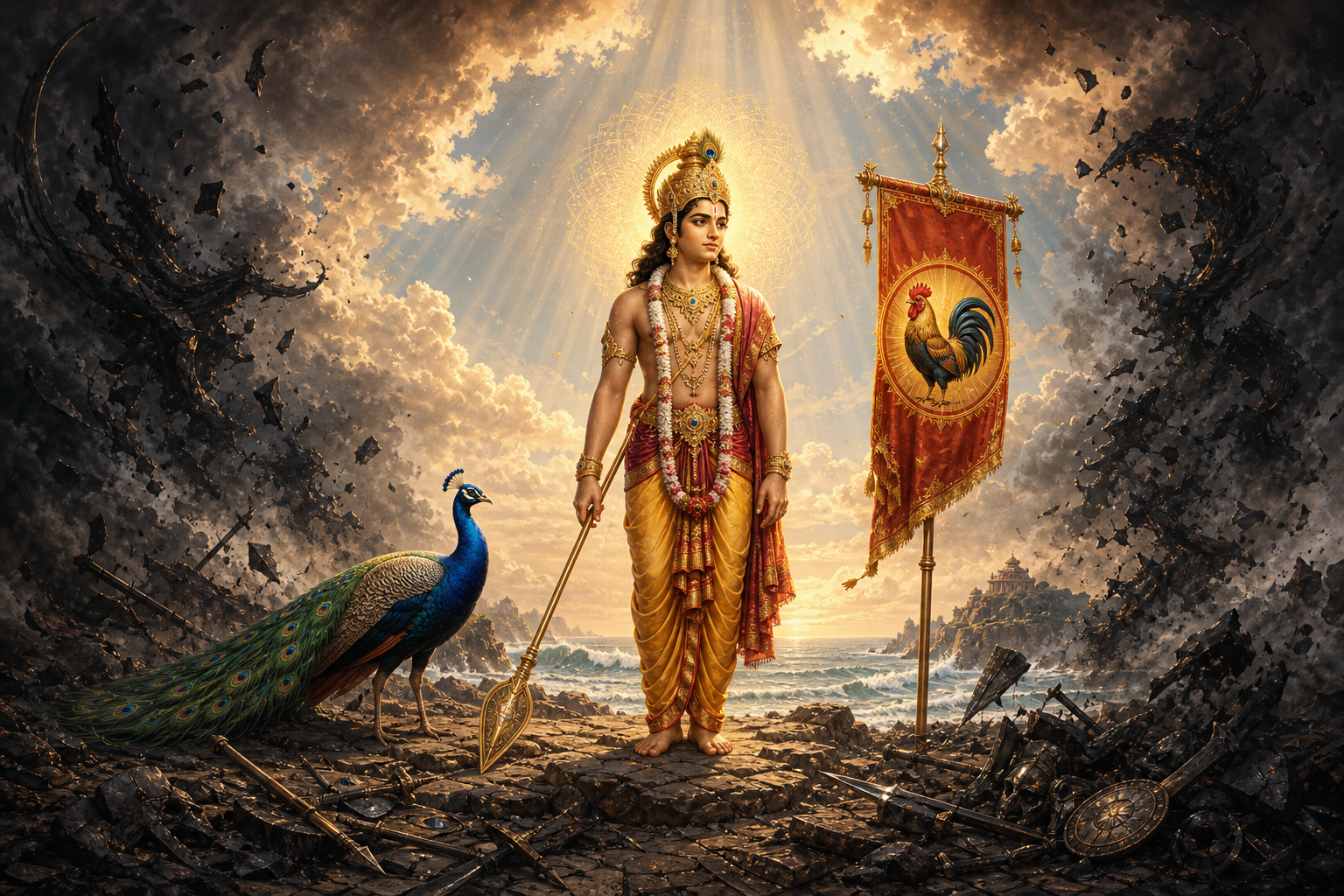 Murugan lowers the vel as dark stormlike forms transform into a peacock and a radiant rooster banner in a rocky landscape.