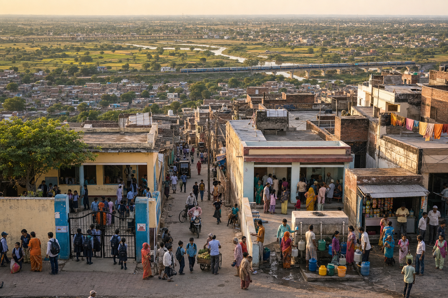 A wide Indian landscape transitions from spacious towns and farmland to a crowded neighborhood with a busy school, clinic, housing lane, and water point.