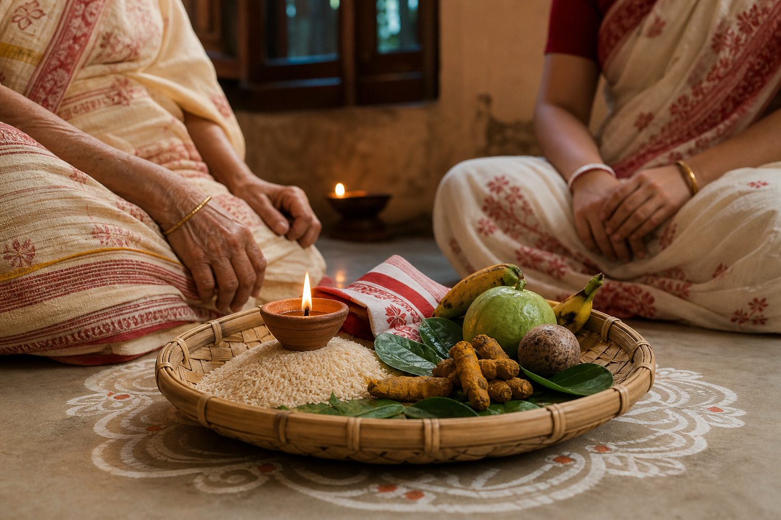A woven bamboo basket with rice, turmeric, a clay lamp, betel leaves, fruit, and a red-bordered cloth arranged for a household ritual in Bengal.