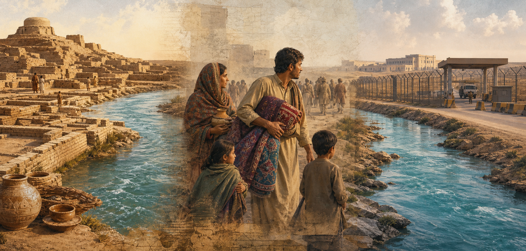 Three connected scenes show ancient ruins, family memory, and a modern guarded border, linked by the same flowing river.