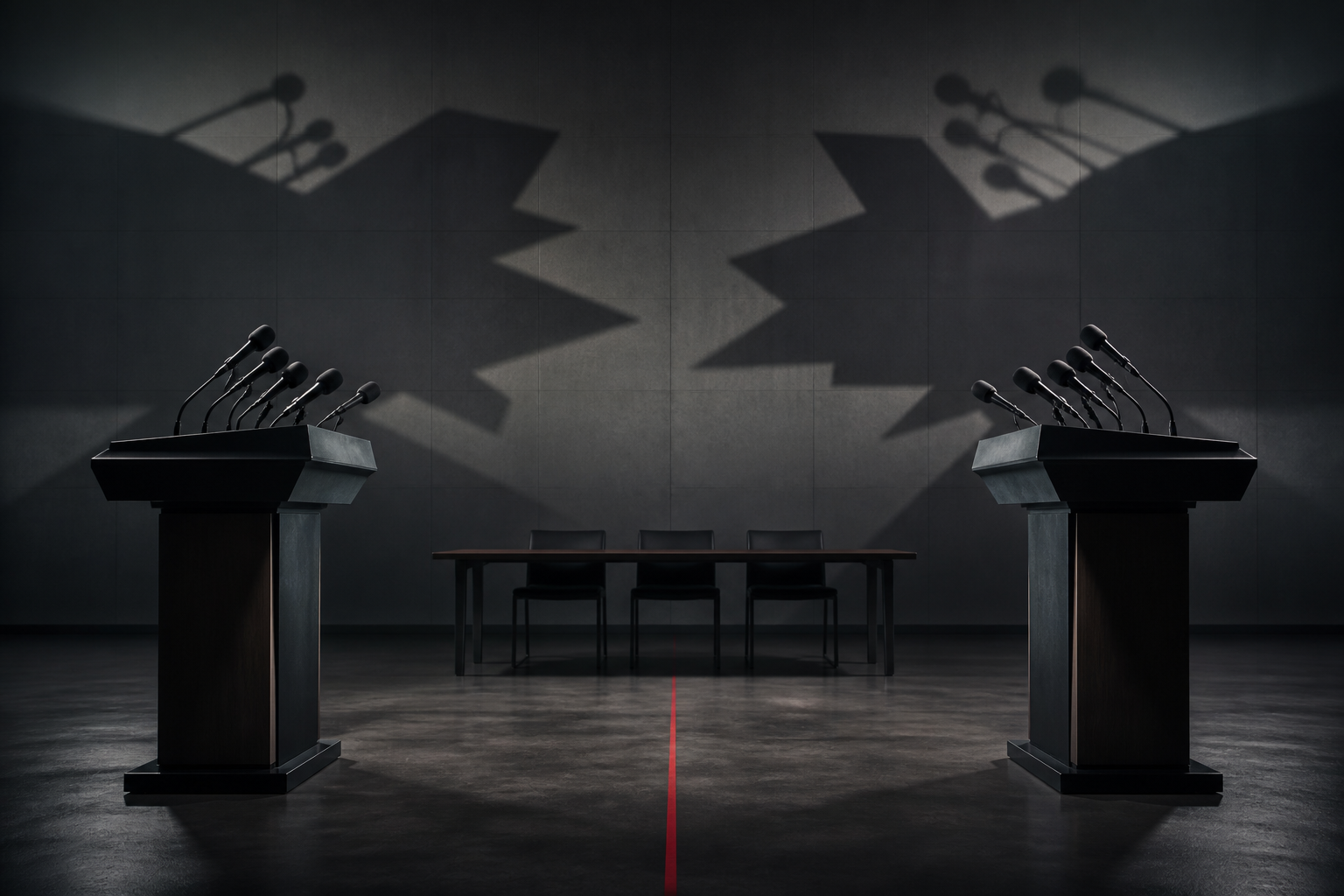Two empty podiums and microphones cast enlarged angular shadows across a press room divided by a thin floor line.