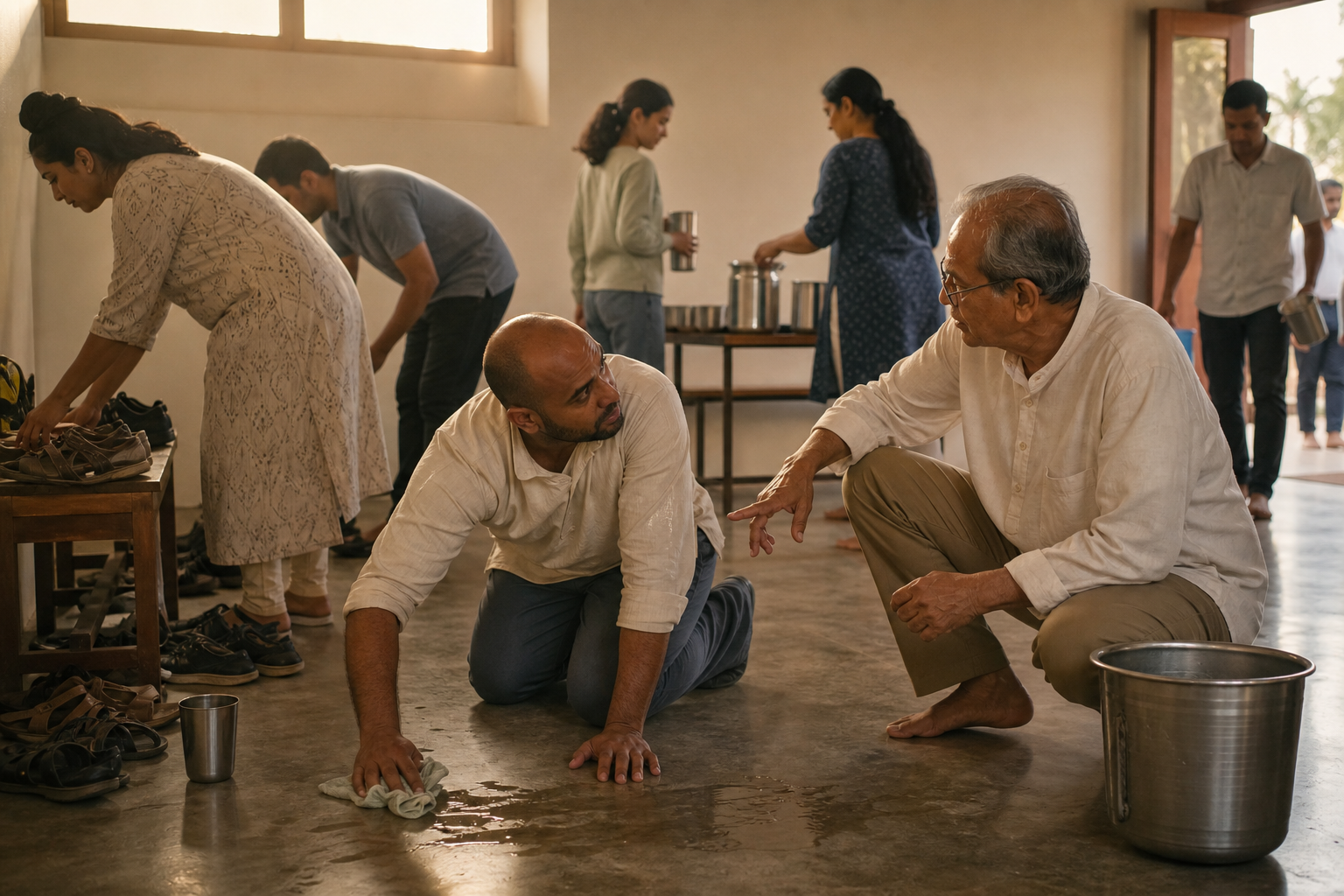 A practitioner cleans a community hall and listens to an older volunteer while others arrange shoes and collect cups after a gathering.