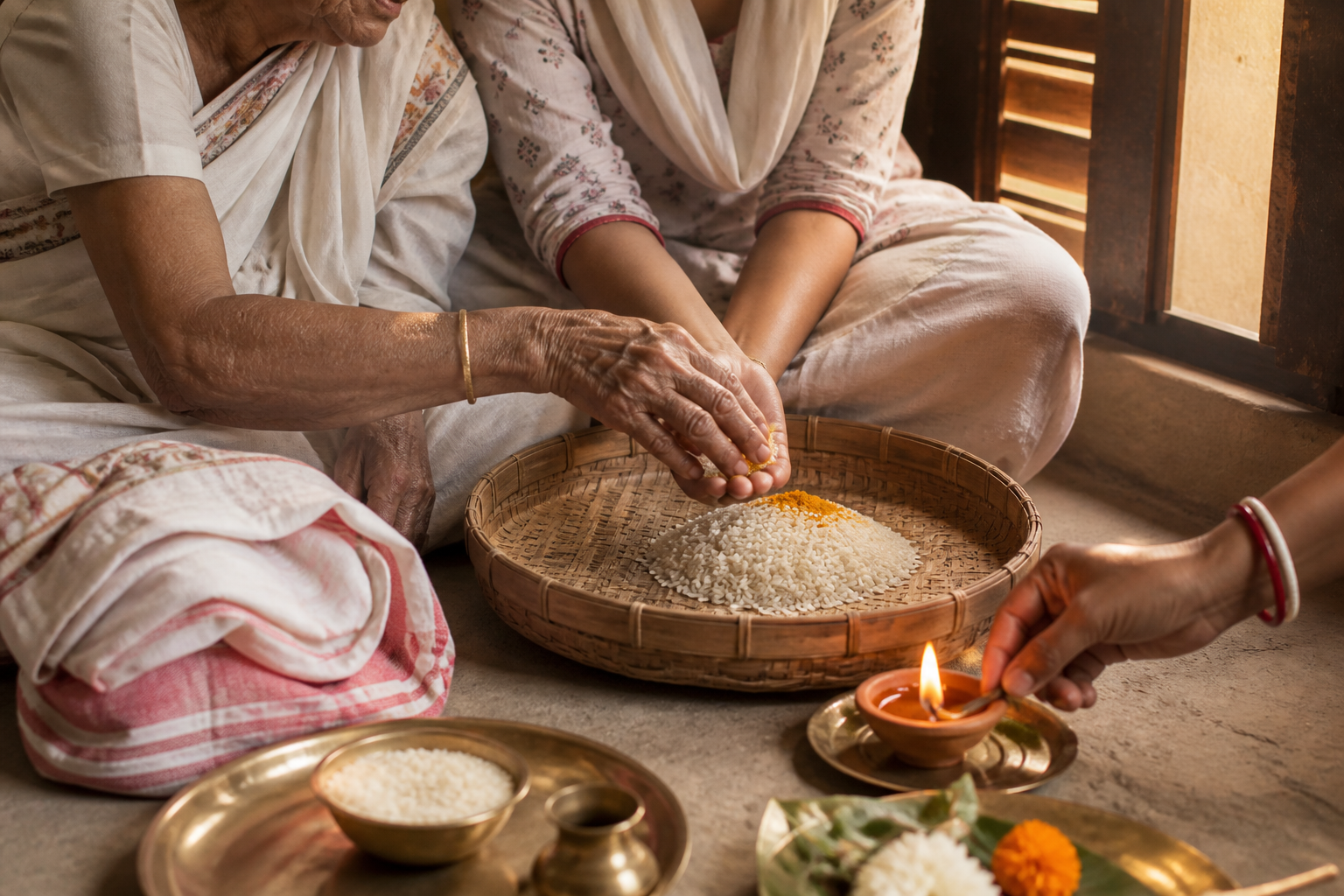 An elder guides a younger family member in placing rice and turmeric into a bamboo basket beside a small clay lamp.