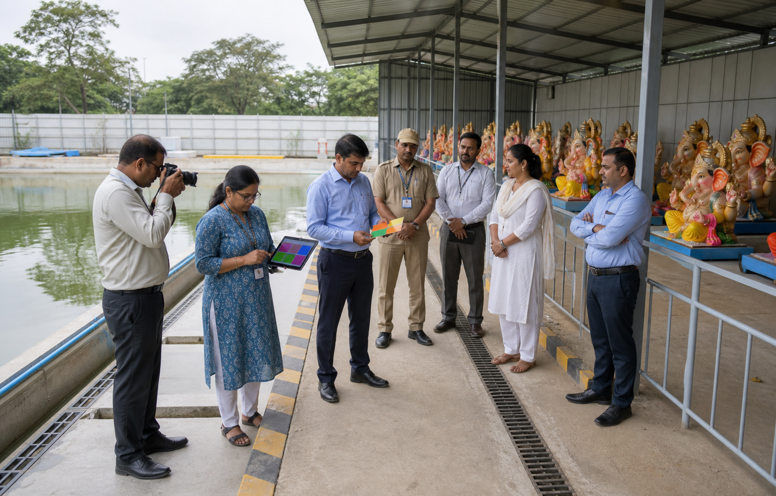 Municipal officers and resident representatives inspect protected Ganesh murtis and an artificial immersion tank while recording site conditions.