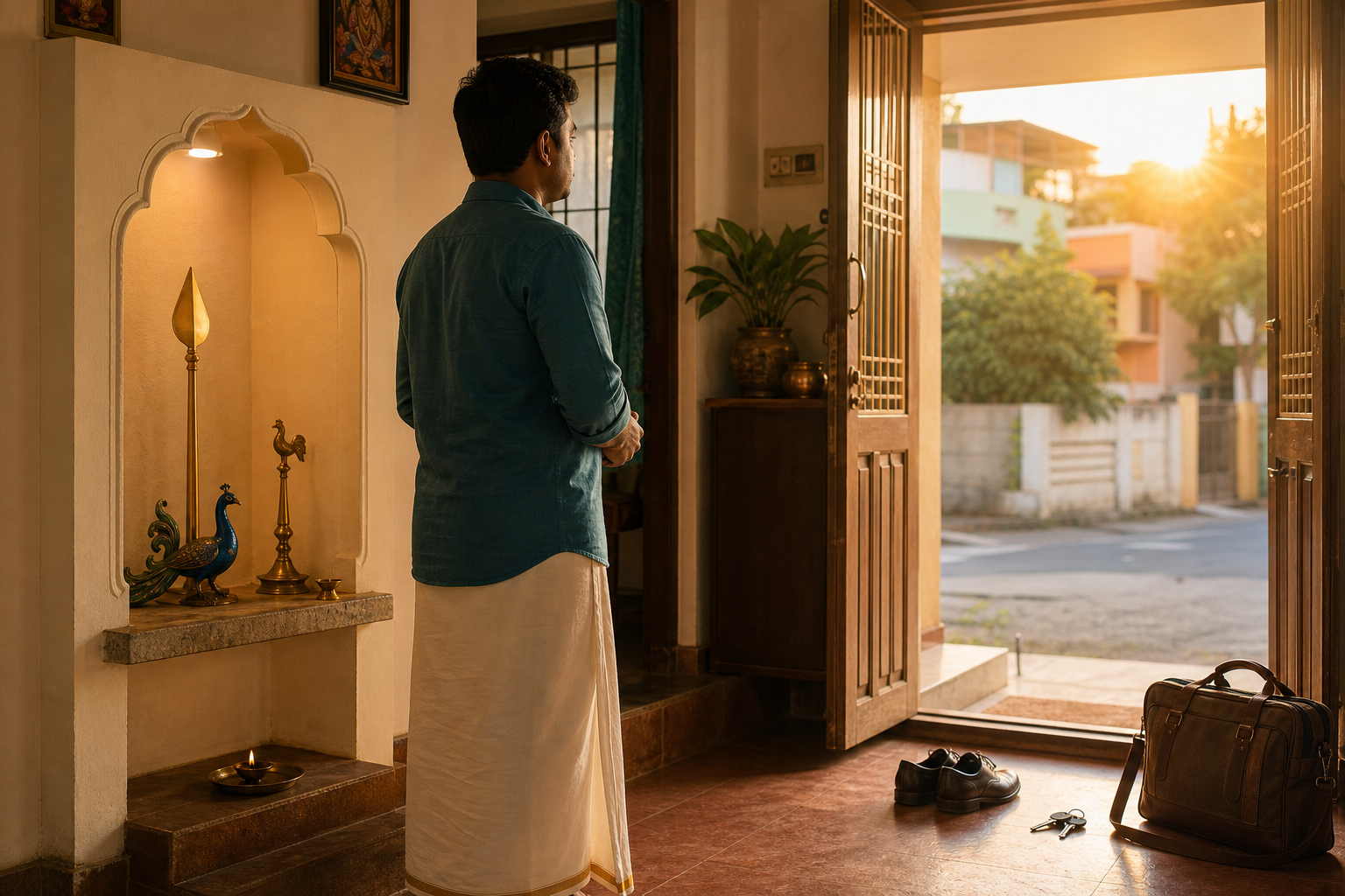 A devotee stands near a home shrine with a brass vel, peacock figure, and rooster standard before leaving with a work bag at sunrise.