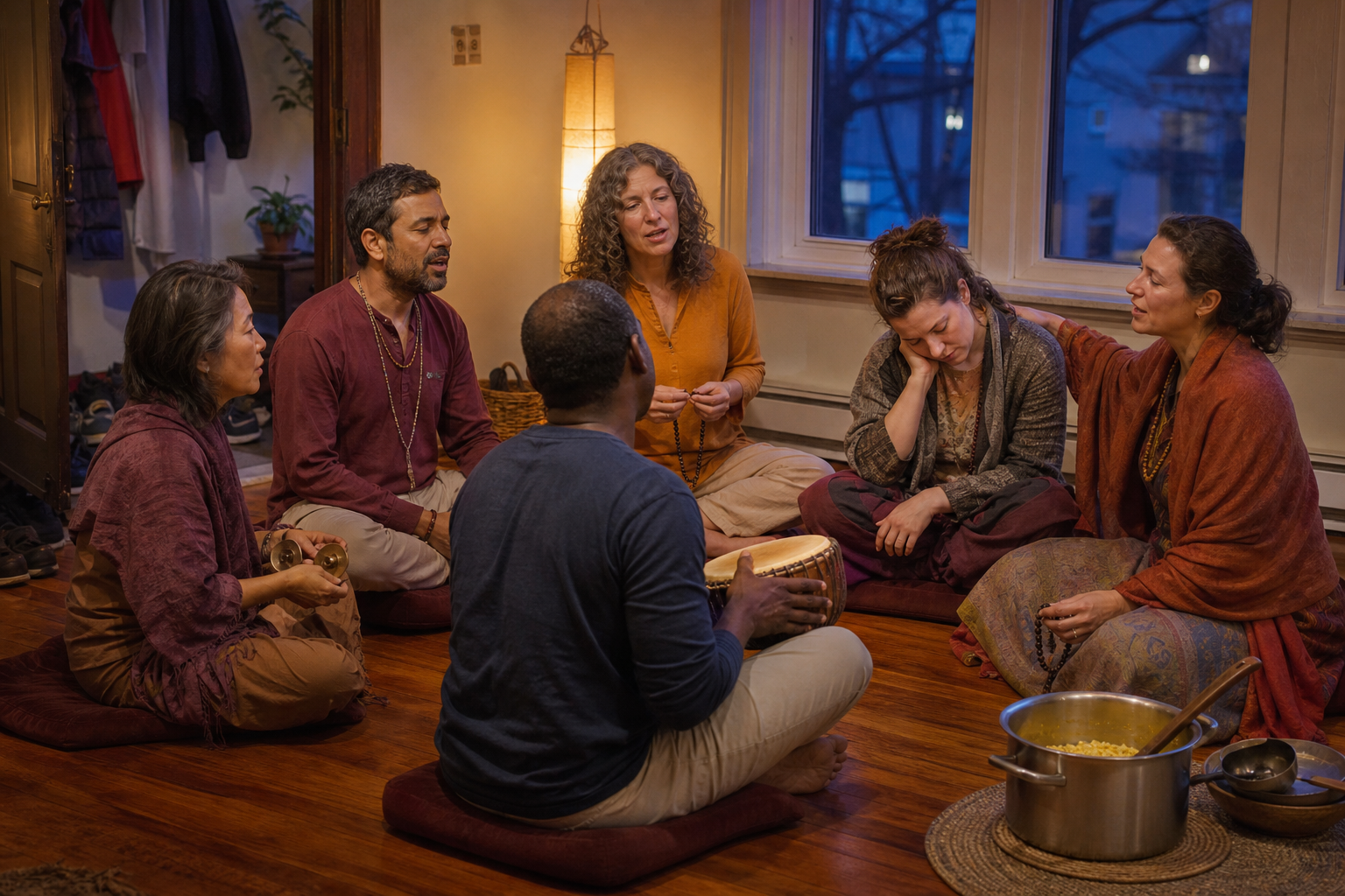 An intergenerational group chants in a circle with a hand drum, cymbals, and prayer beads while supporting a tired participant.
