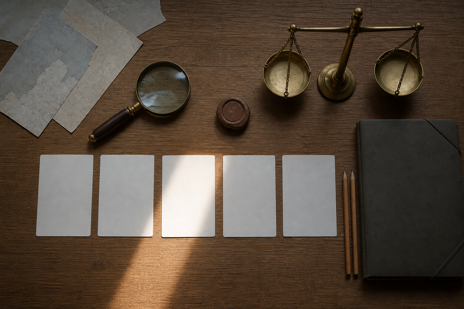 An overhead view of five blank evidence cards, a magnifying glass, map fragments, an archaeological seal, and a balanced scale on a research desk.