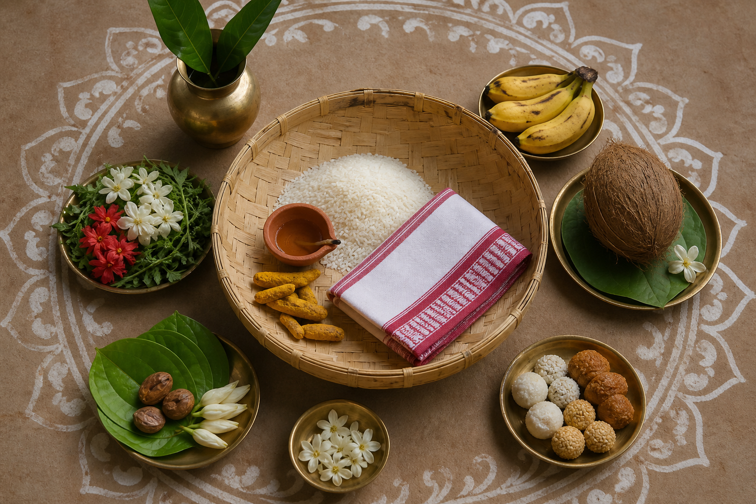 An overhead view of a bamboo ritual basket containing rice, turmeric, a clay lamp, and cloth, with fruit, leaves, flowers, and brass vessels arranged around it.