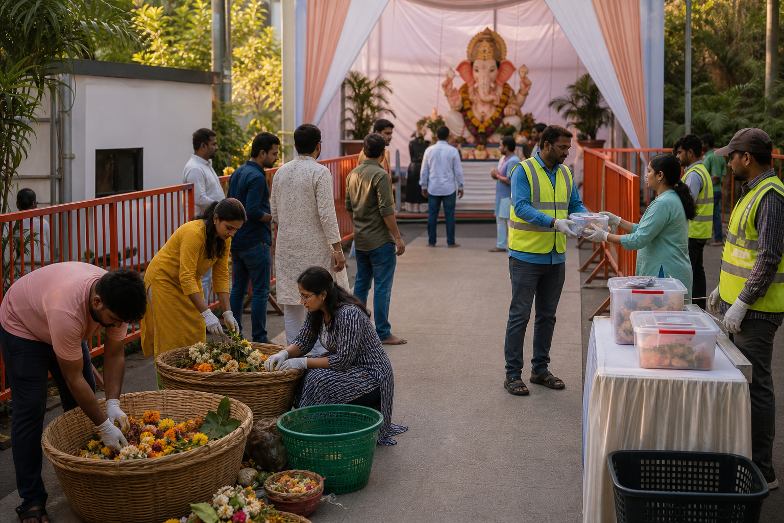 Devotees, mandal volunteers, and municipal workers sort floral offerings and prepare a controlled route near a sheltered Ganesh murti.