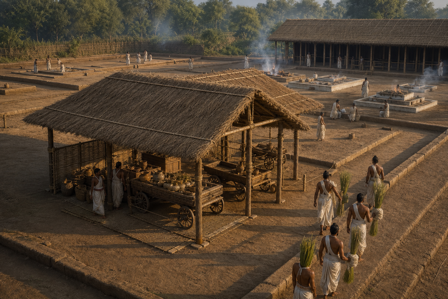 Elevated reconstruction of a Somayaga ground with an open-sided Havirdhana shelter, two wooden carts, nearby ritual fires, a longer priestly shelter, and participants carrying plant bundles.