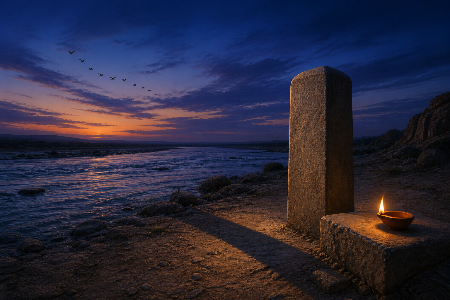 A plain stone boundary marker and a lit oil lamp stand beside a river beneath a twilight sky with distant birds.