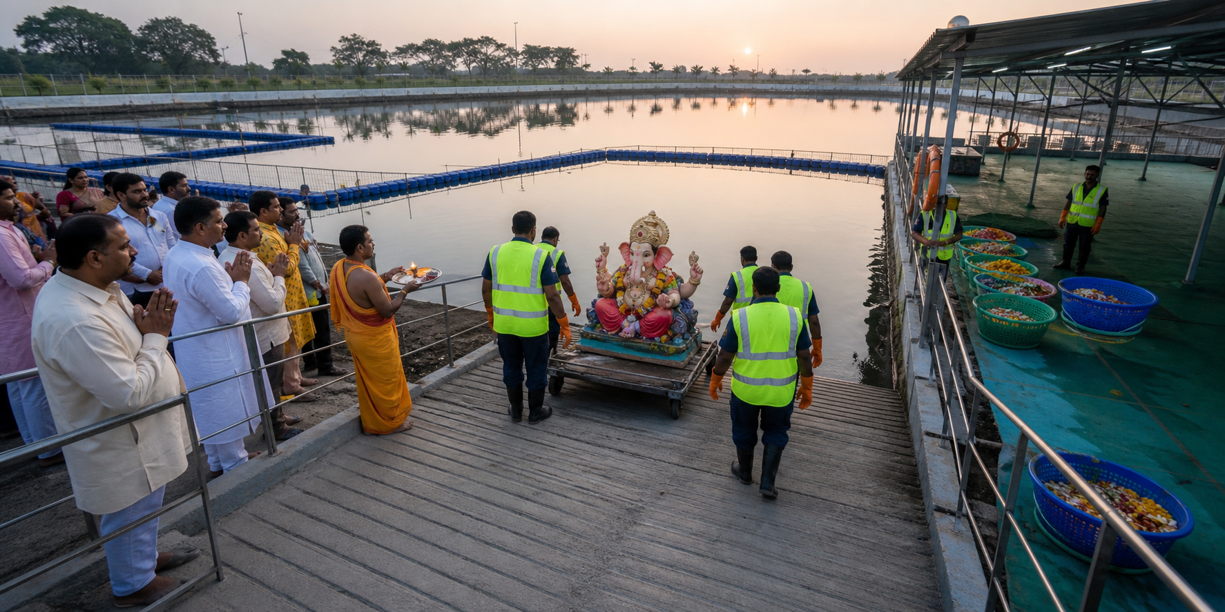 Trained workers guide a Ganesh murti toward an artificial immersion pond as devotees pray and environmental staff monitor the site.