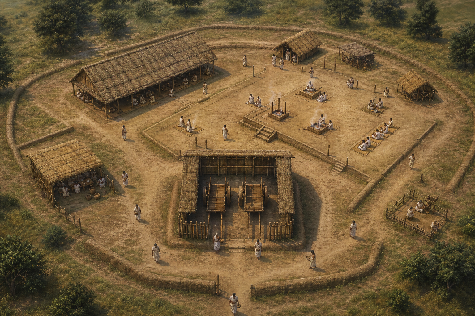 Bird's-eye reconstruction centered on the Havirdhana and its spatial connections to the Mahavedi, ritual fires, Sadas, entrances, and paths used by officiants.