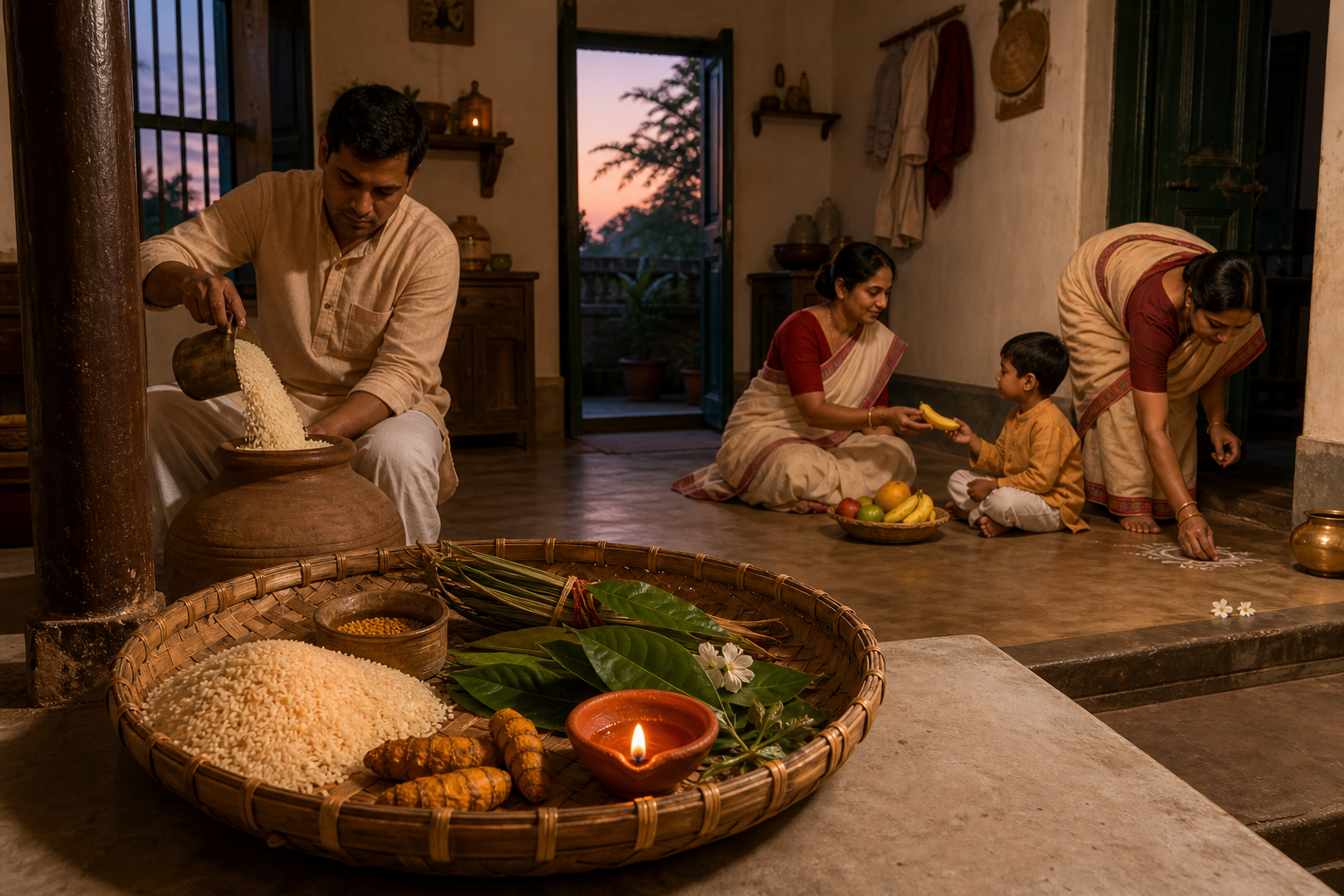 A ritual basket and lit clay lamp stand in the foreground while family members store rice, share fruit, and tidy the home behind them.