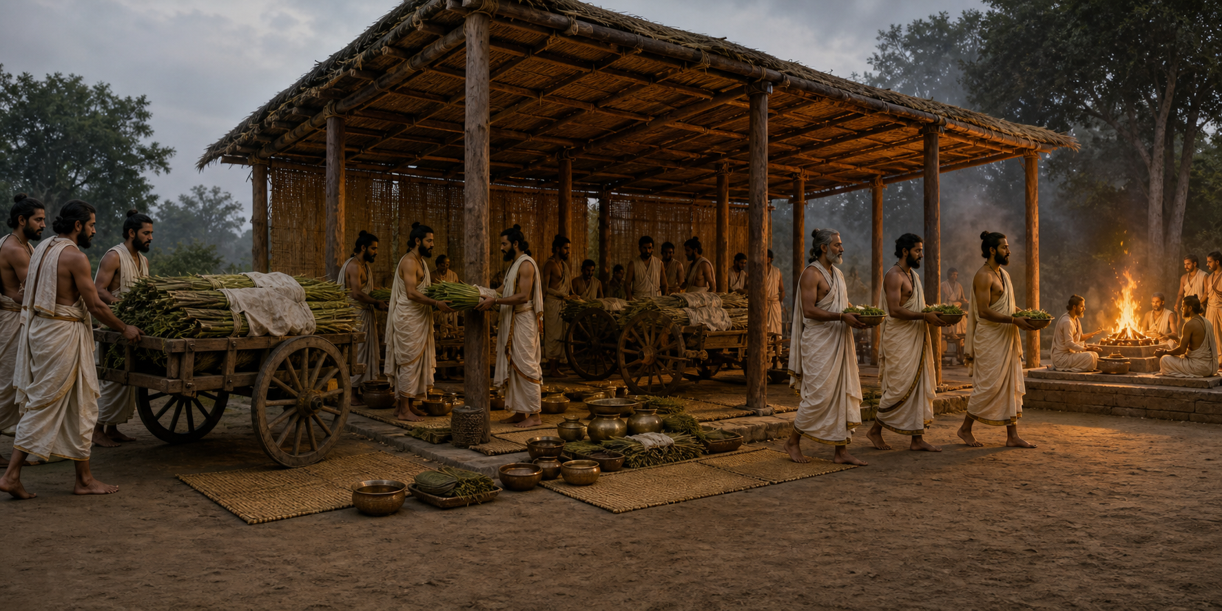 Continuous scene showing ritual stalk bundles arriving by wooden cart, being received and arranged inside the Havirdhana, and then carried toward an offering fire.