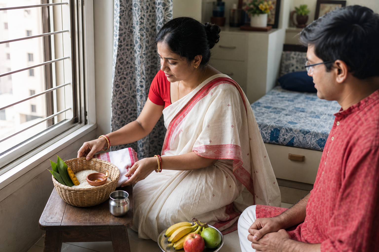 A compact ritual basket with rice, turmeric, leaves, cloth, and a clay lamp is arranged on a low stool in a modern Bengali apartment.
