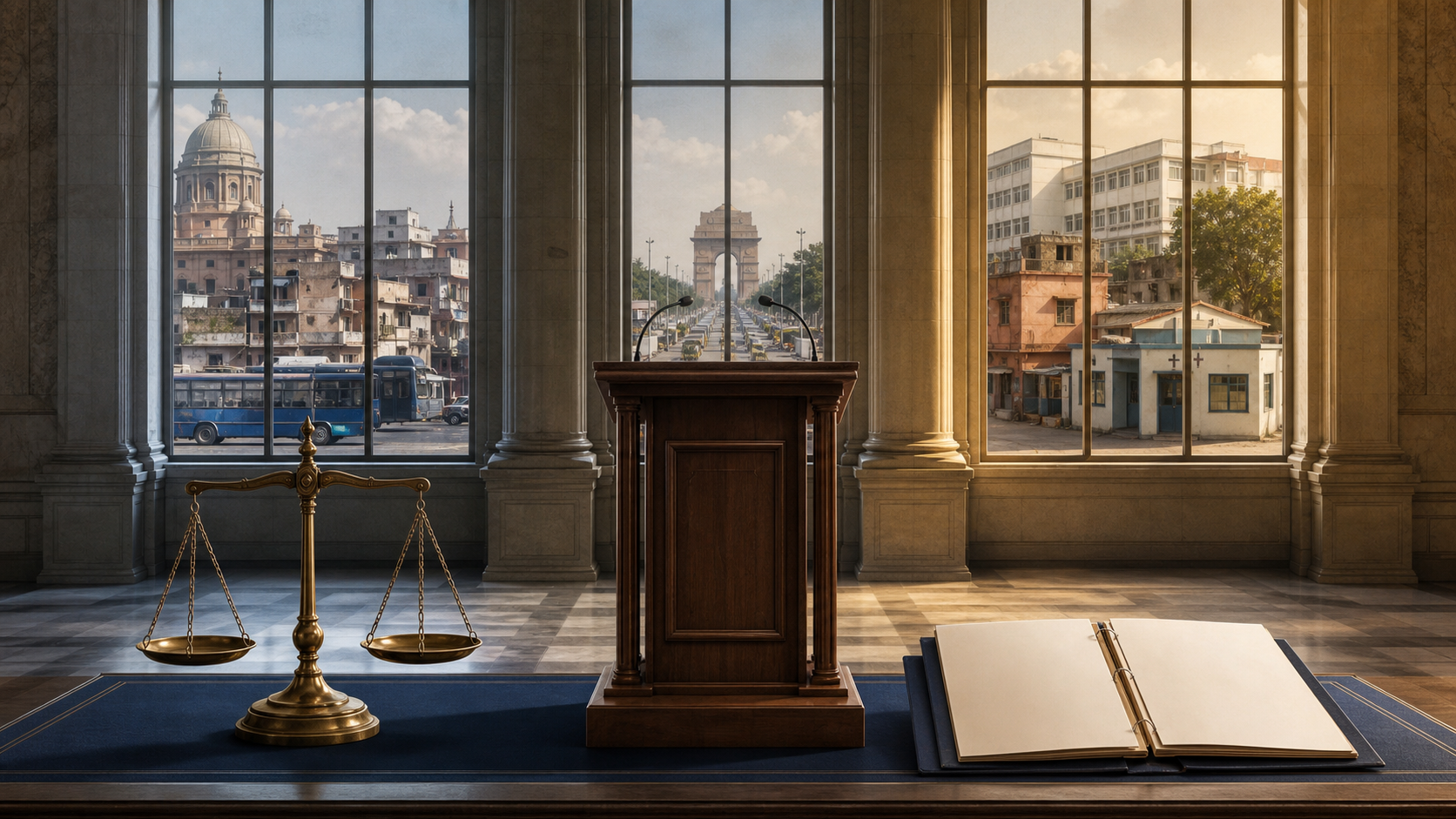 An empty lectern, balanced scale and open blank file stand before a Delhi streetscape containing public offices, homes, a bus, a school and a clinic.
