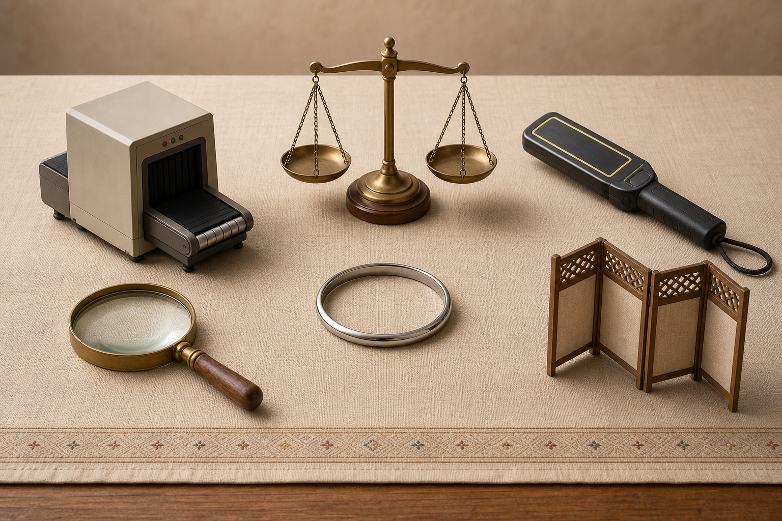 A kara bracelet is surrounded by a scanner, magnifying lens, balanced scale, screening wand, and privacy screen on an institutional table.