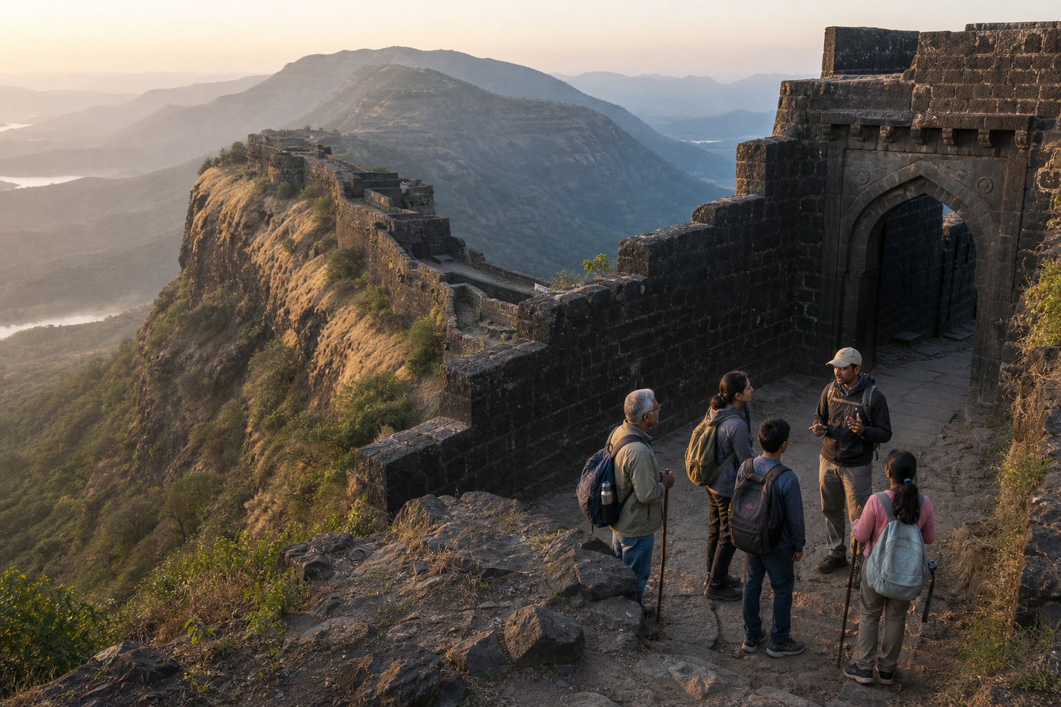 An intergenerational group with a heritage educator approaches the basalt gateway of a Maratha hill fort above the Sahyadri valleys at dawn.