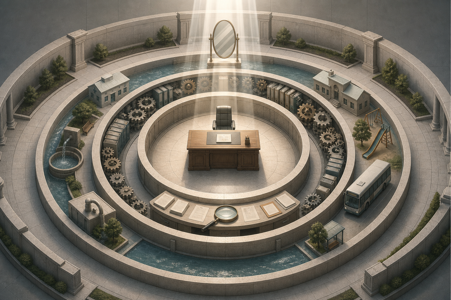 Four concentric civic spaces surround an empty public office desk, with evidence, administrative files, public services and a mirror arranged in separate layers.