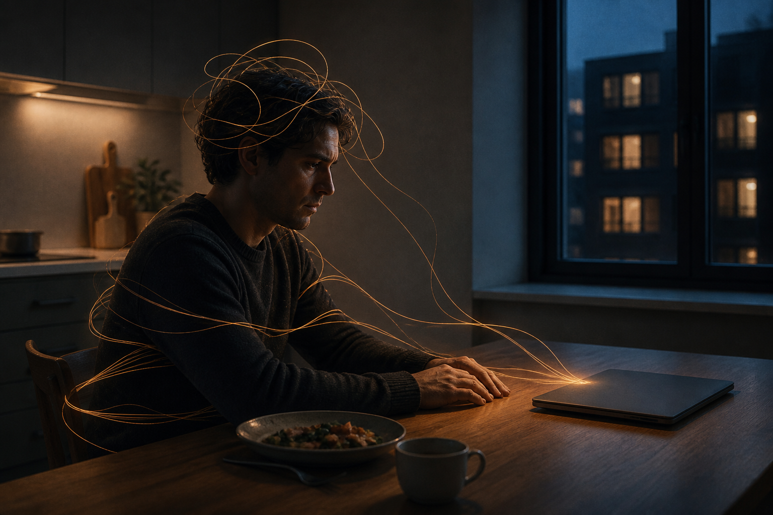 A tense person sits at a kitchen table at night beside a closed laptop while glowing threads coil from the computer toward their head and chair.