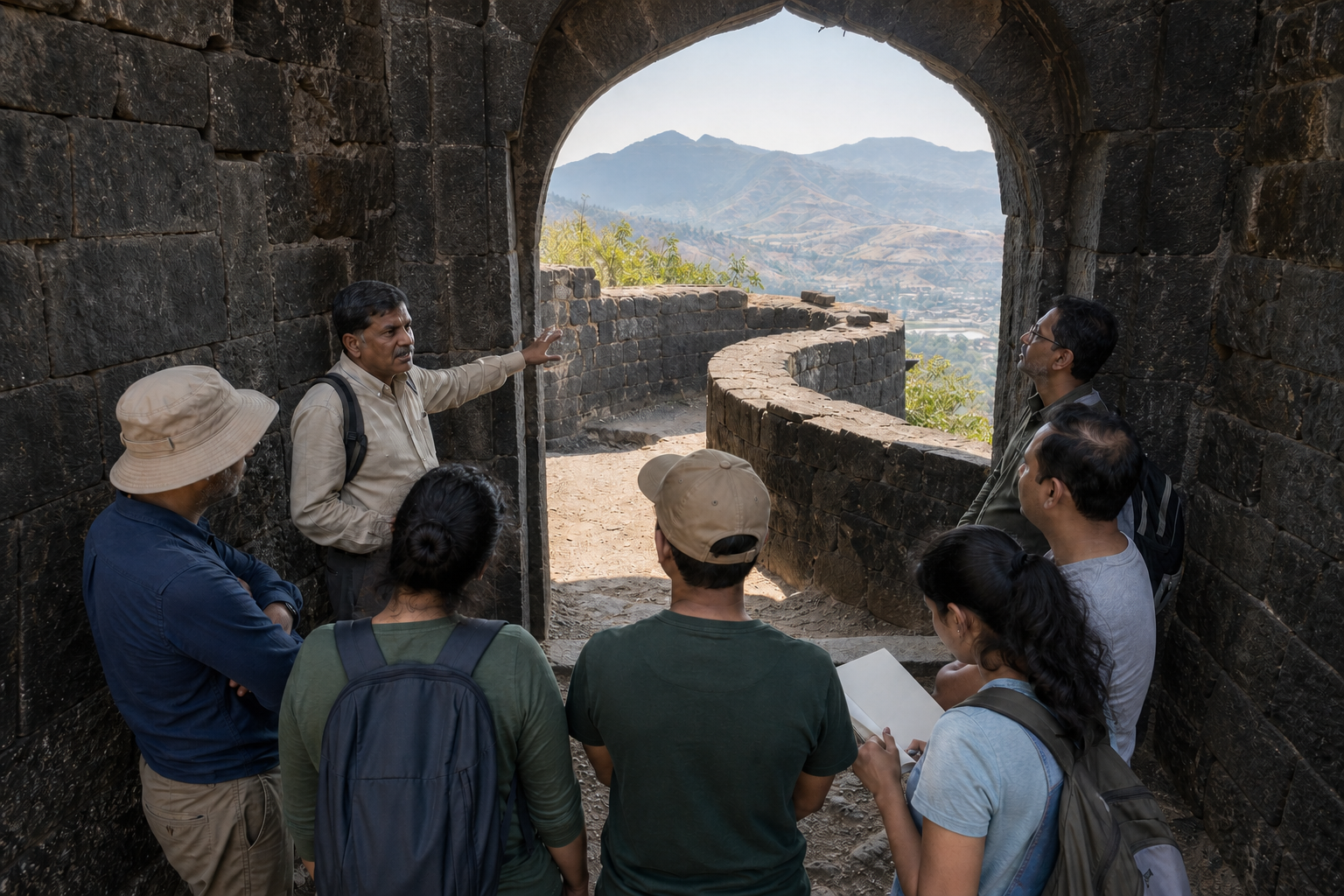 A guide and visitors examine the angled gateway, bastion and mountain approach inside a basalt hill fort.