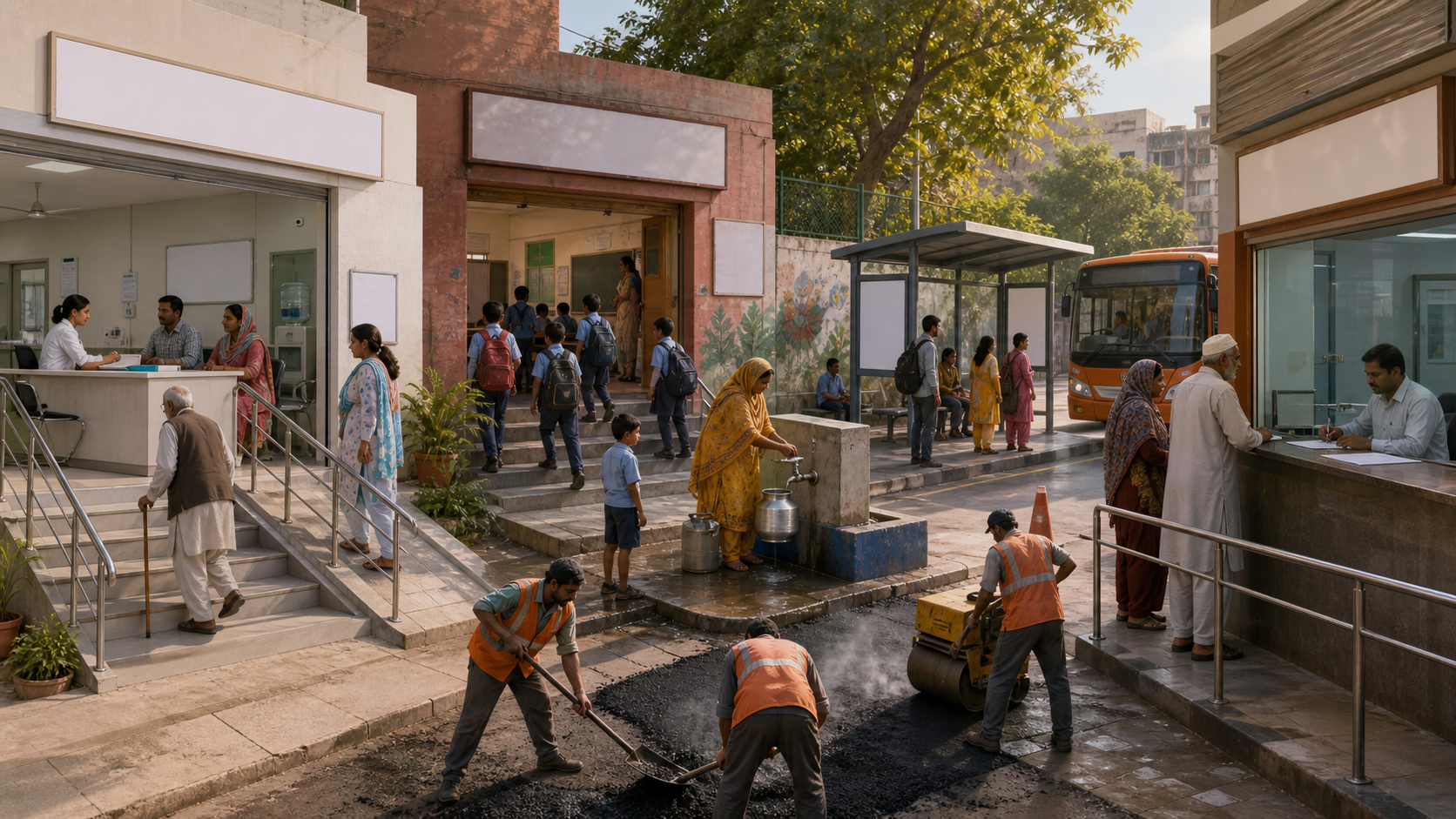 Fictional Delhi residents use a clinic, school, water point, bus stop and public-service counter while a crew repairs a neighborhood street.