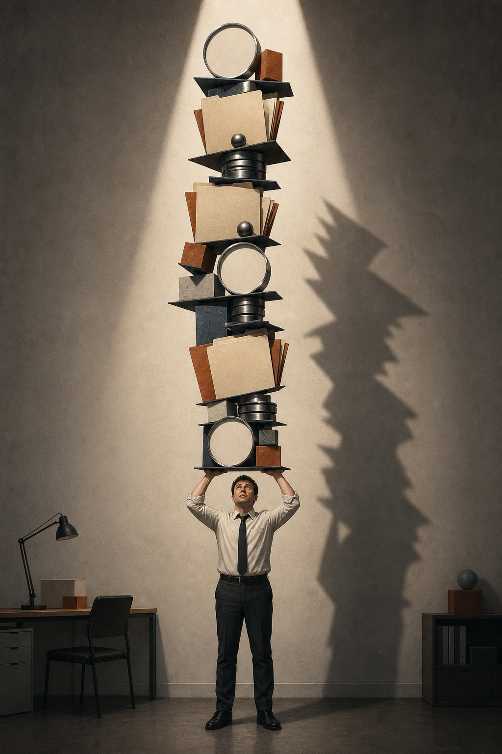 An office worker anxiously balances a tall, unstable stack of blank folders, clock faces, metal tokens, and geometric blocks under a spotlight.