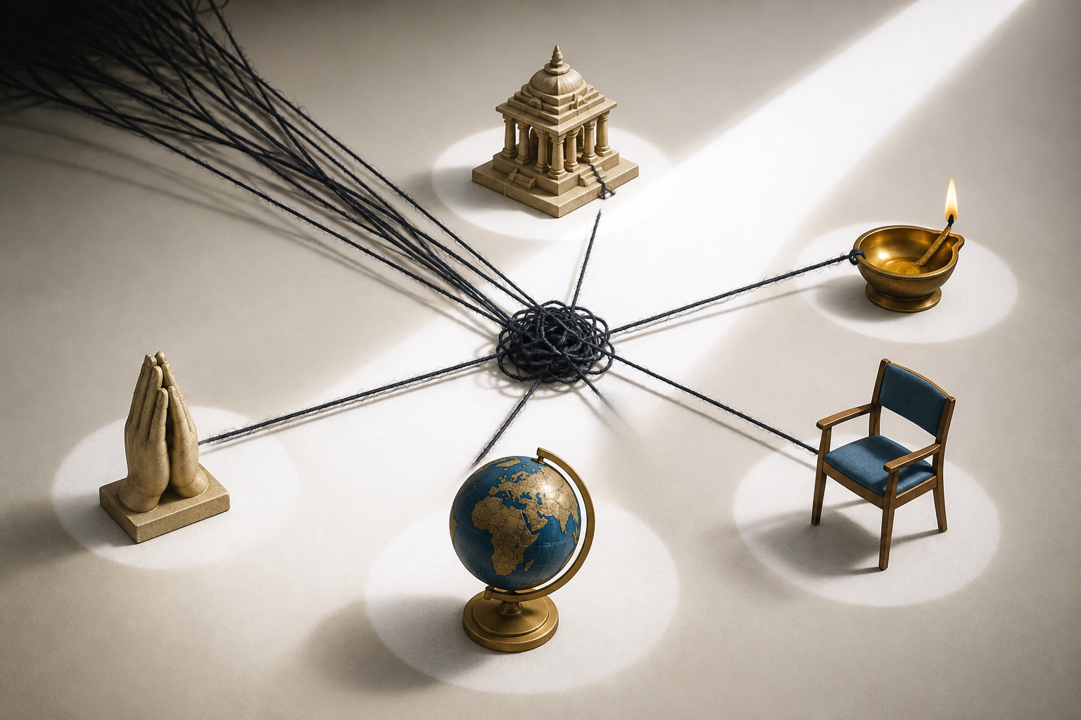 Dark threads attempt to connect separate civic and Hindu cultural objects while a beam of light reveals the objects as distinct.