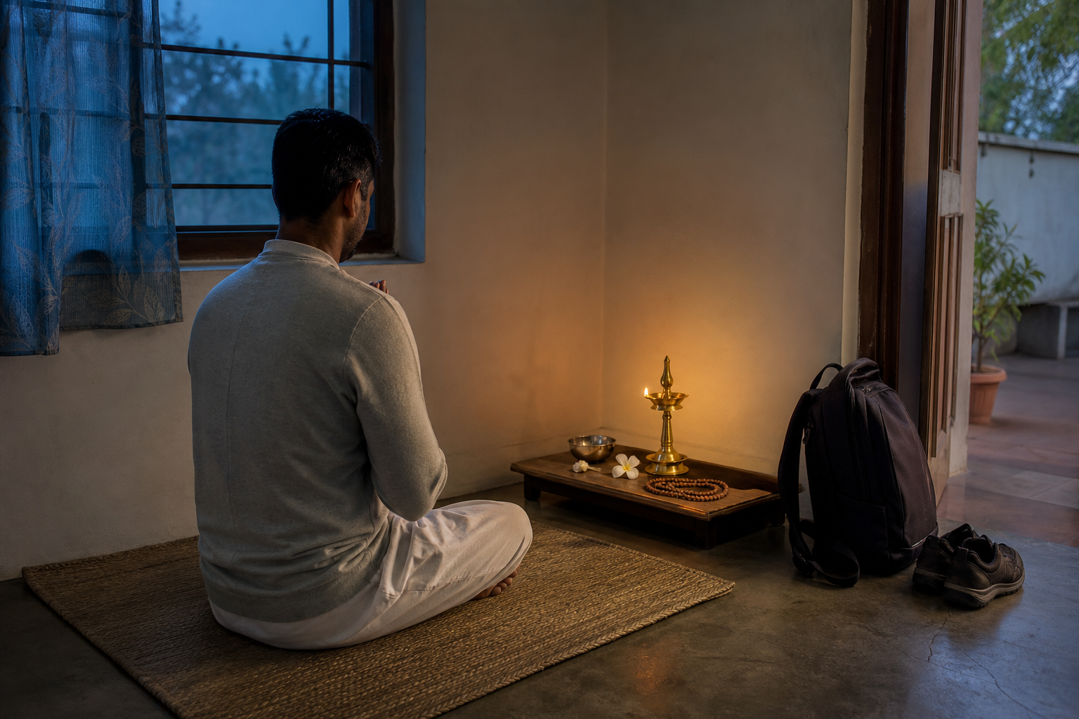 A person begins the day in prayer beside a small home altar at dawn, with a work bag and shoes waiting near the door.