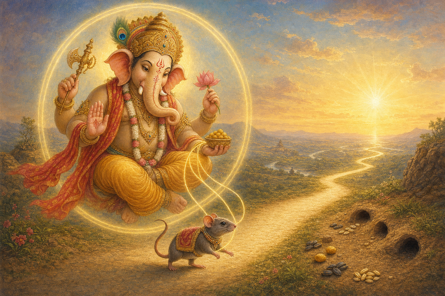 Ganesha and his tiny mouse vahana move toward a sunrise path while seeds and small openings lie to either side.