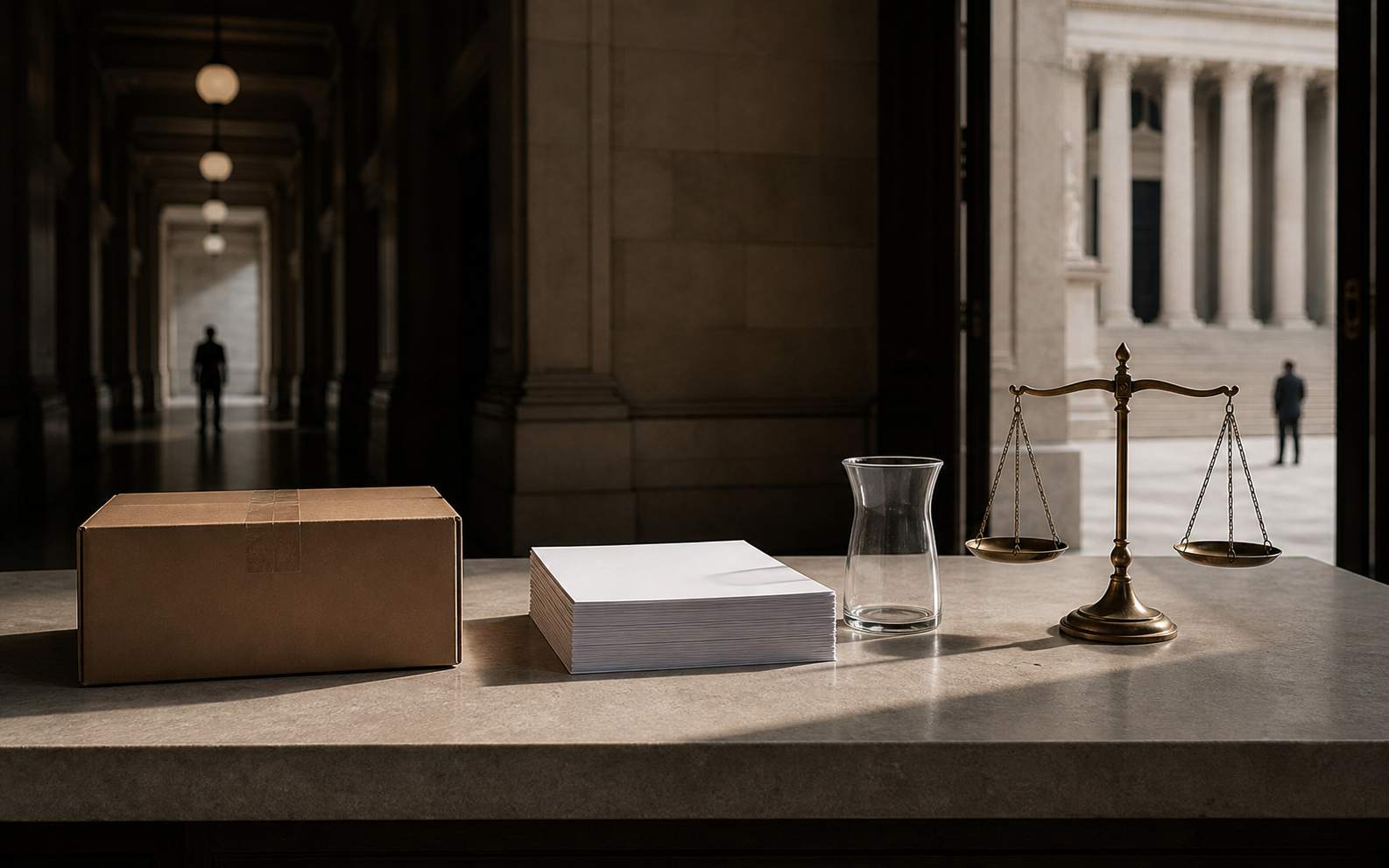 A sealed evidence box, blank documents, a glass vessel and balanced scales sit between a government corridor and an open courthouse doorway.